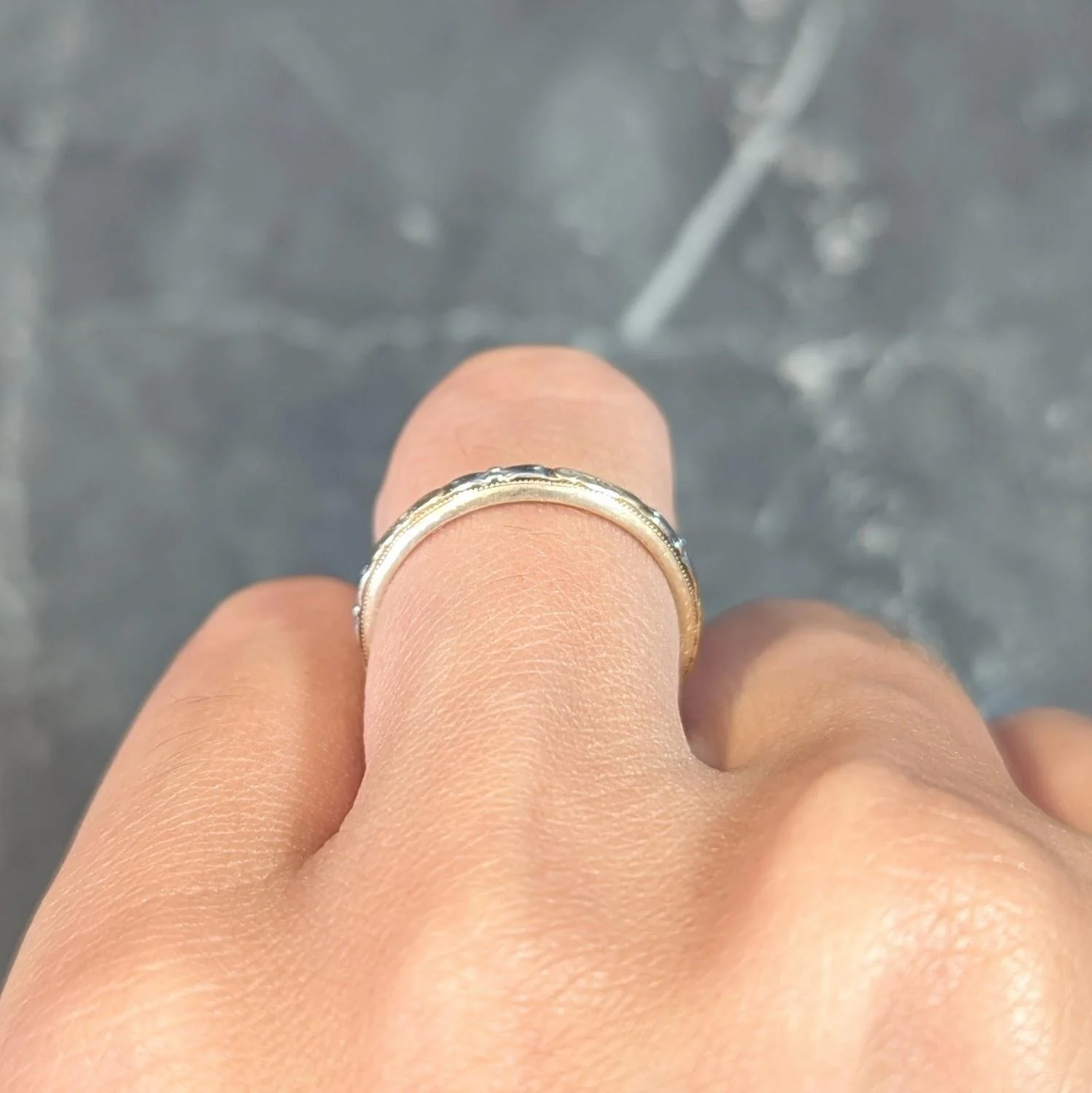 Art Deco Two-Tone 14 Karat Yellow White Gold Vintage Orange Blossom Wedding Band Ring - Image 10