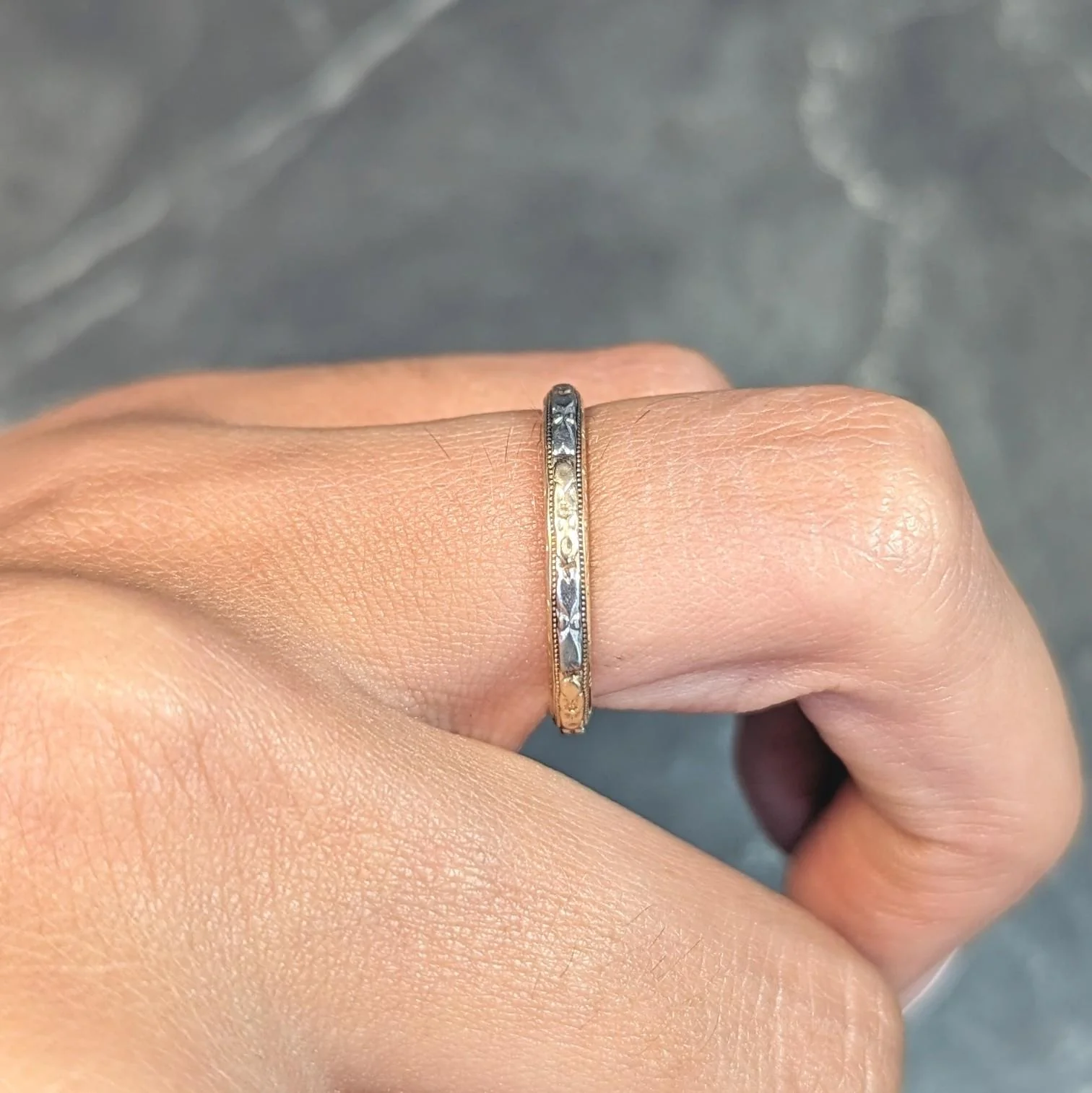 Art Deco Two-Tone 14 Karat Yellow White Gold Vintage Orange Blossom Wedding Band Ring - Image 11