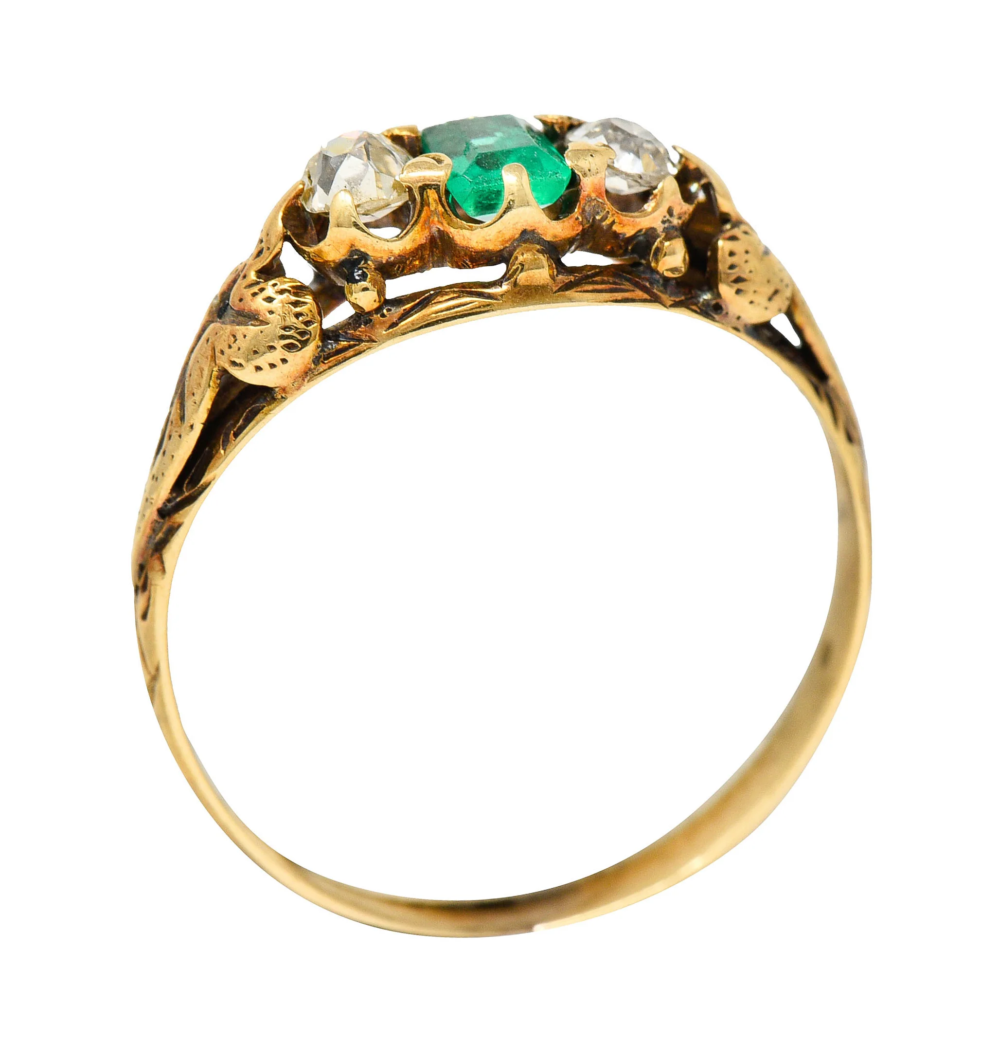 Art Nouveau 0.47 Emerald Diamond 14 Karat Gold Foliate Band Ring - Image 7