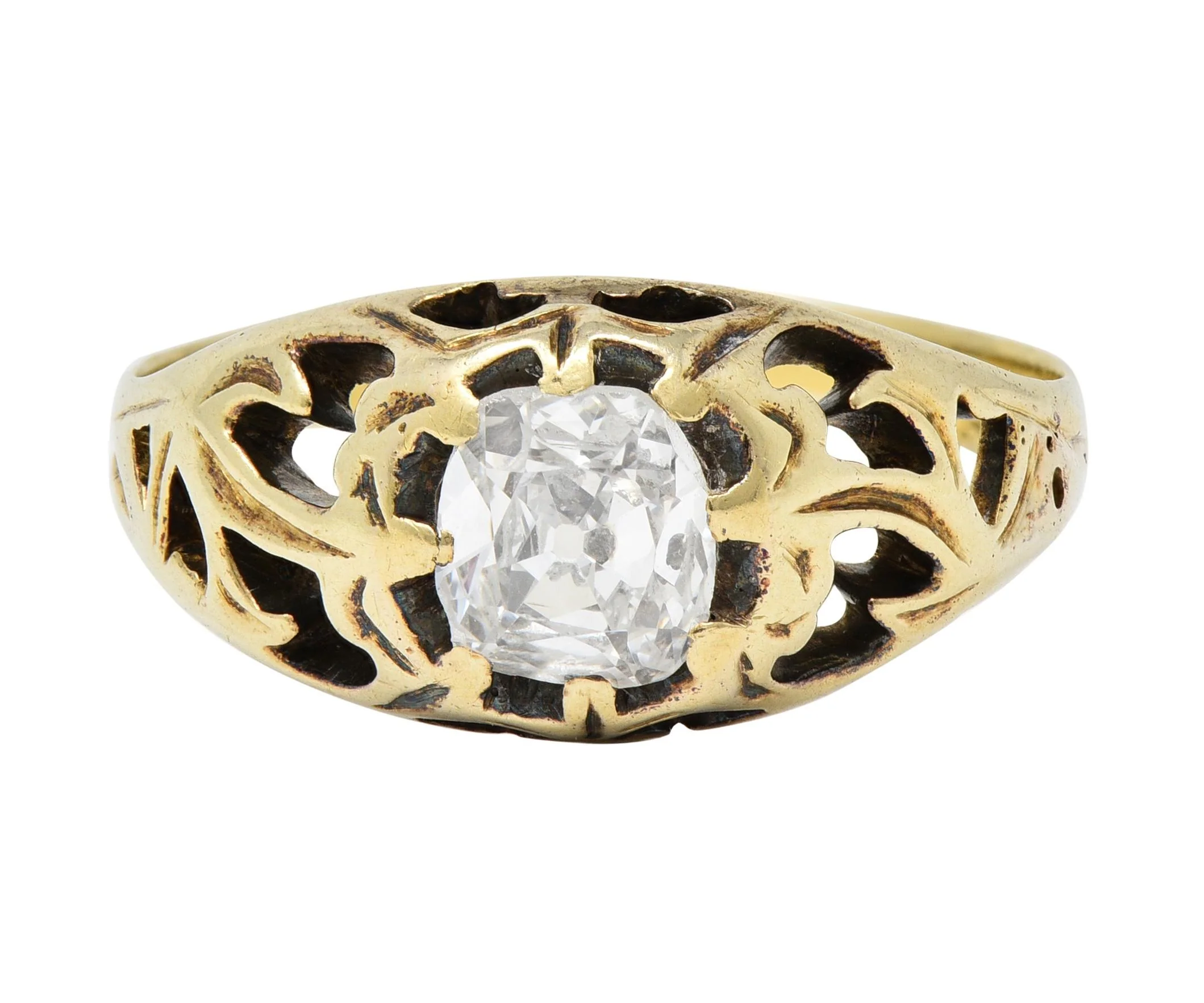 Art Nouveau 0.53 CTW Old Mine Cut Diamond 18 Karat Gold Belcher Antique Engagement Ring