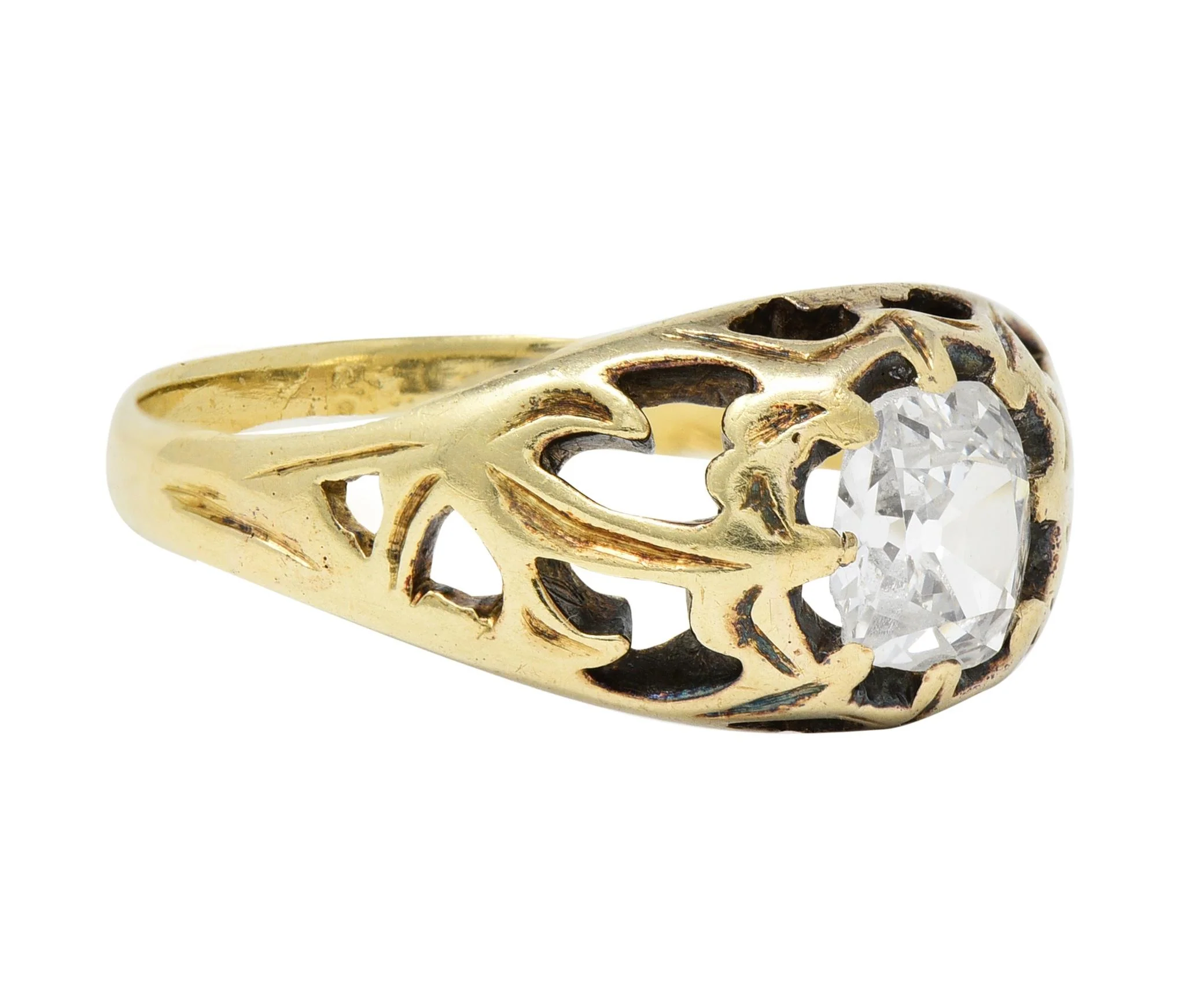 Art Nouveau 0.53 CTW Old Mine Cut Diamond 18 Karat Gold Belcher Antique Engagement Ring - Image 2