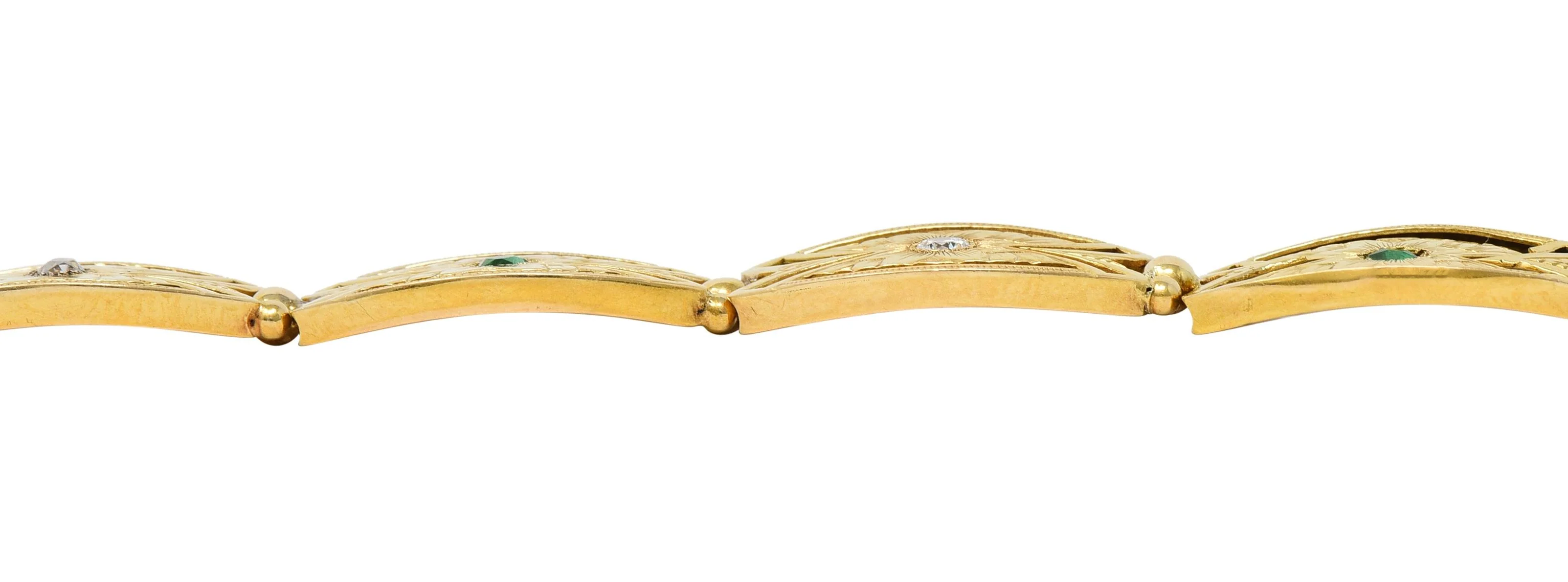 Art Nouveau 0.68 CTW Diamond Emerald 14 Karat Yellow Gold Floral Navette Link Antique Bracelet - Image 10