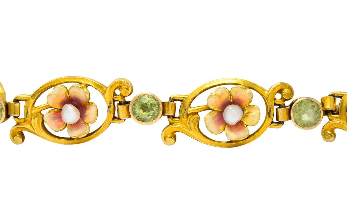 Art Nouveau 1.44 CTW Peridot Enamel Pearl 14 Karat Gold Link Bracelet - Image 2