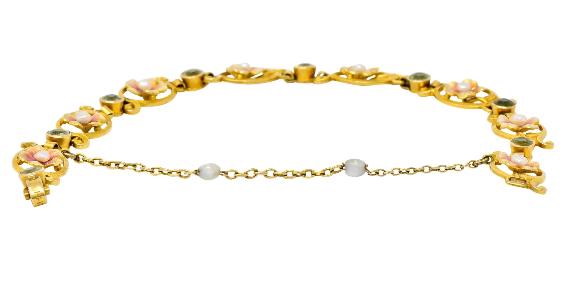 Art Nouveau 1.44 CTW Peridot Enamel Pearl 14 Karat Gold Link Bracelet - Image 3