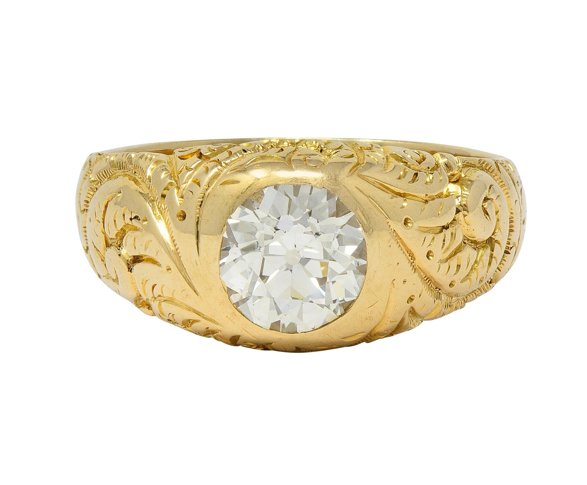 Art Nouveau 1.60 CTW Old Mine Cut Diamond 14 Karat Yellow Gold Antique Unisex Fern Solitaire Engagement Ring