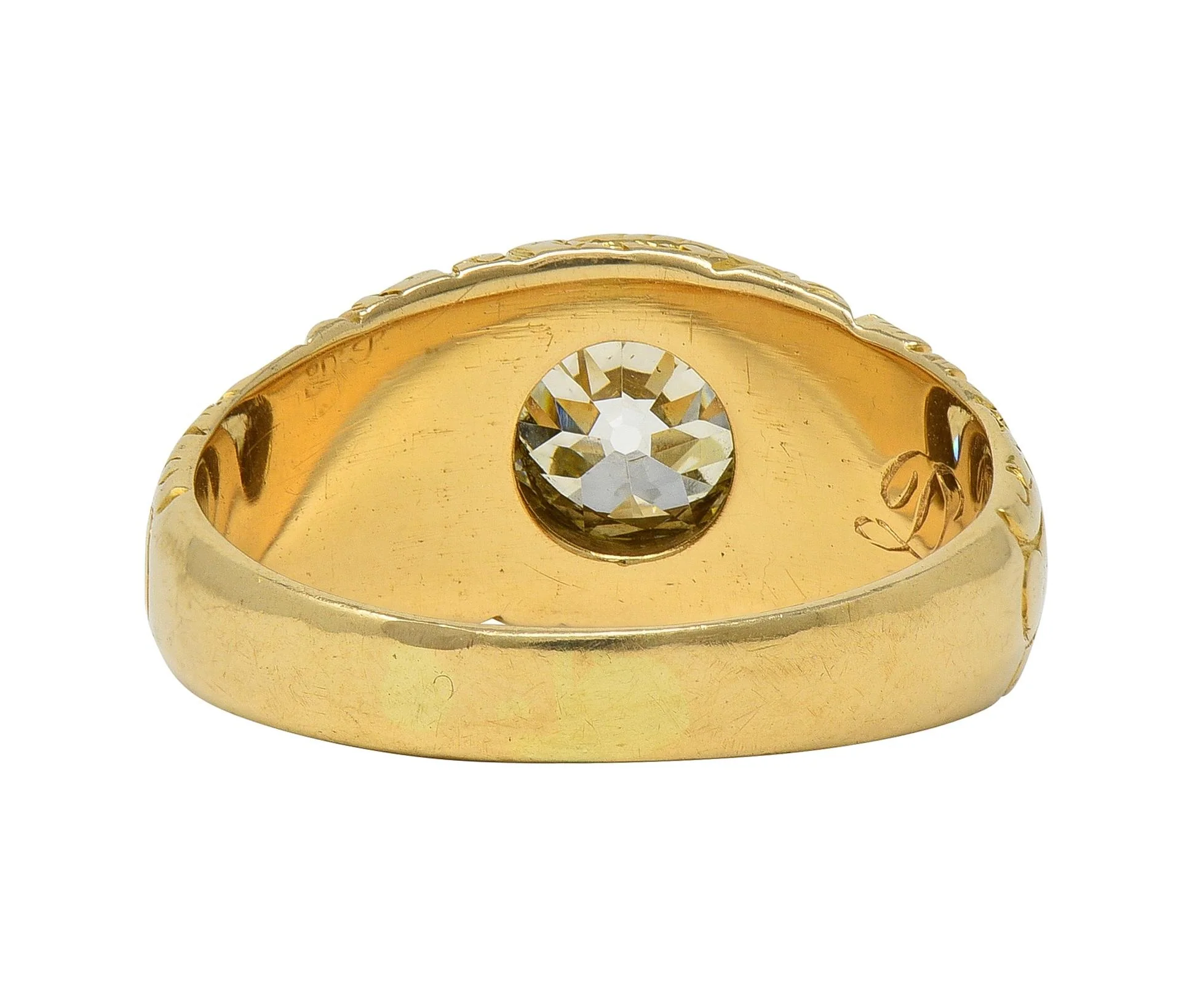 Art Nouveau 1.60 CTW Old Mine Cut Diamond 14 Karat Yellow Gold Antique Unisex Fern Solitaire Engagement Ring - Image 3