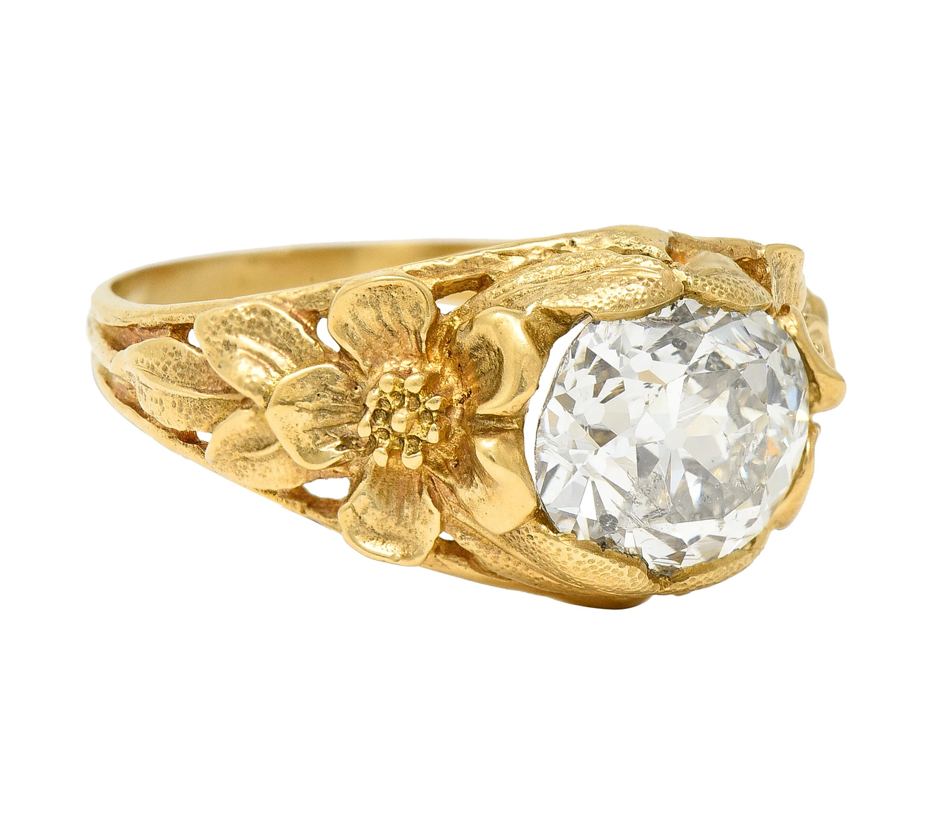 Art Nouveau 1.93 CTW Diamond 14 Karat Yellow Gold Orange Blossom Flower Antique Solitaire Engagement Ring - Image 3