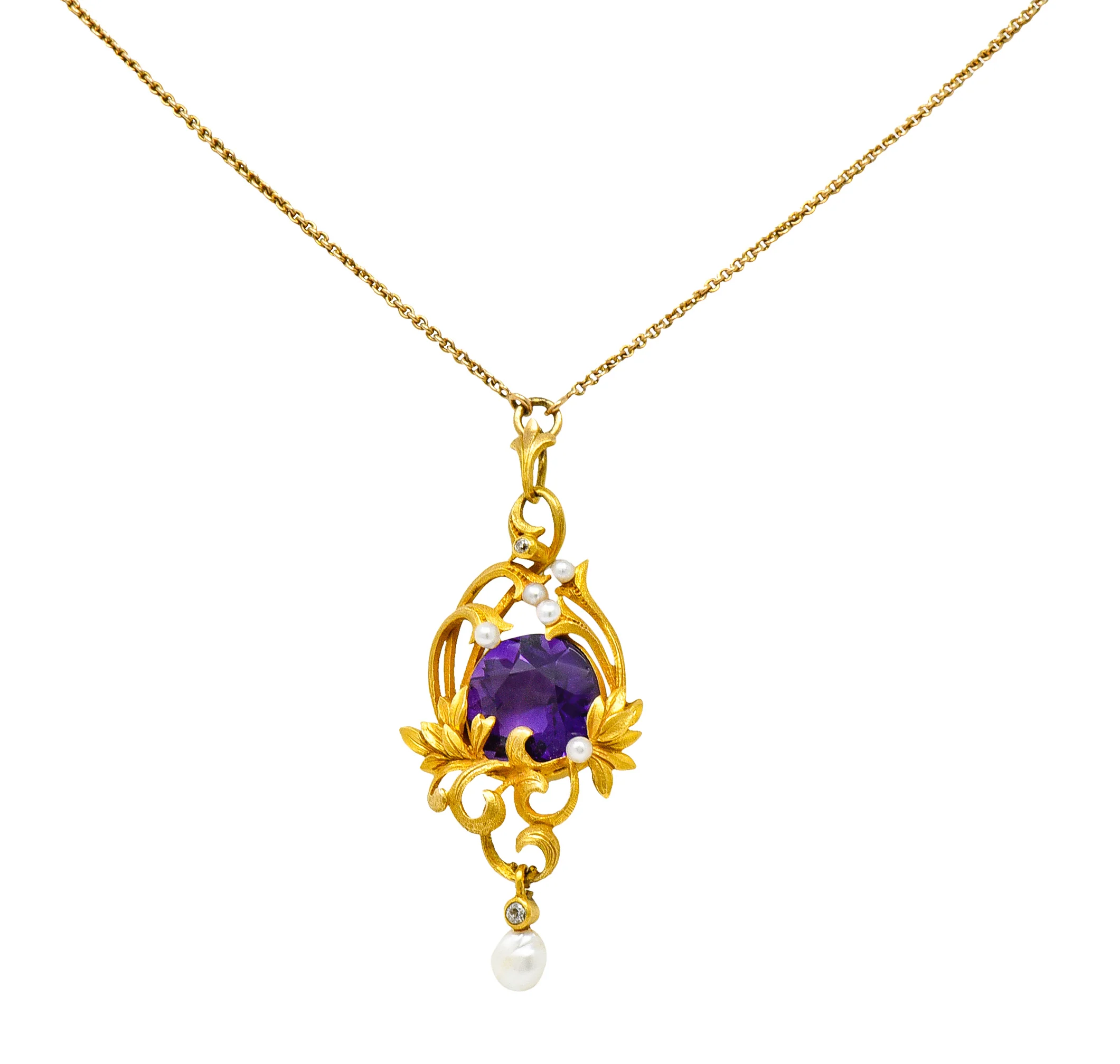 Art Nouveau 14 Karat Gold Amethyst Diamond Pearl Foliate Drop Pendant Necklace - Image 3