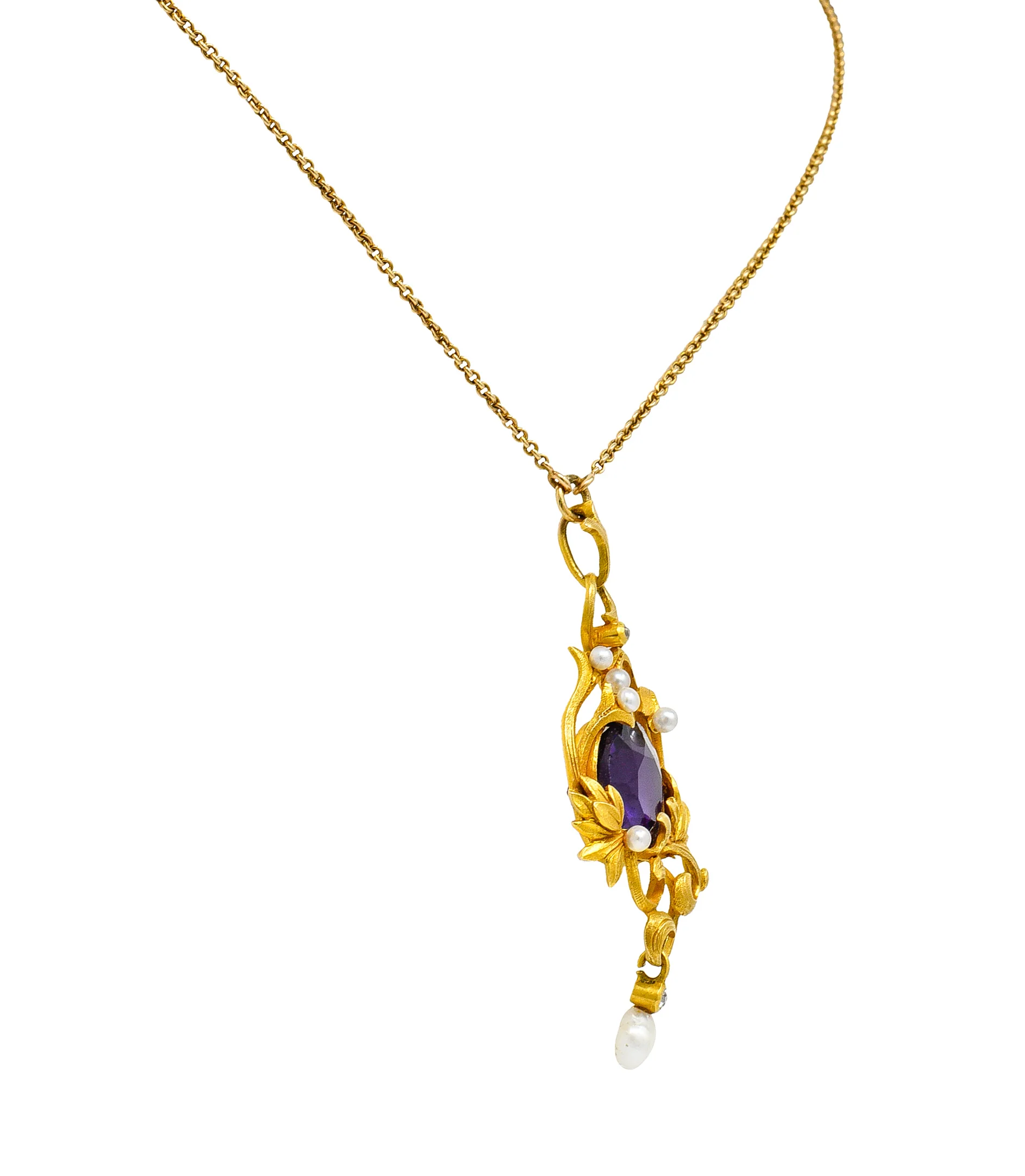 Art Nouveau 14 Karat Gold Amethyst Diamond Pearl Foliate Drop Pendant Necklace - Image 4