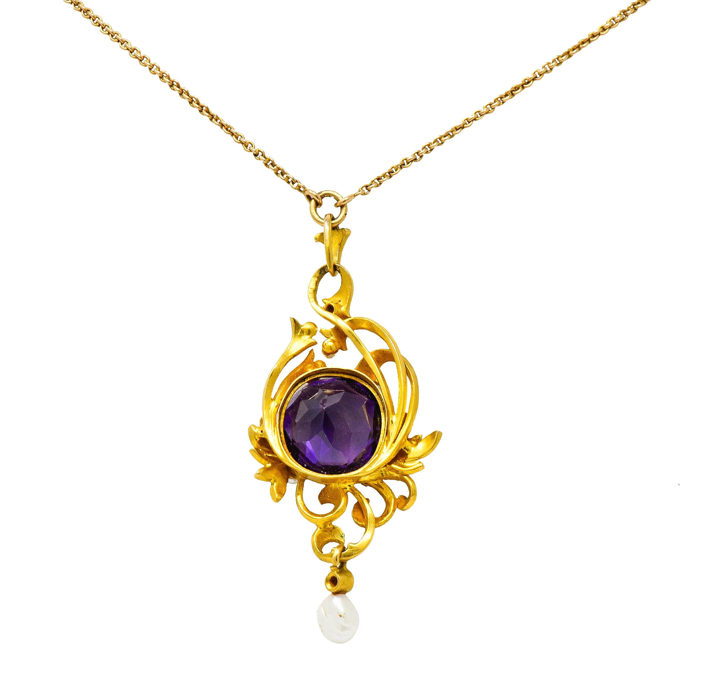 Art Nouveau 14 Karat Gold Amethyst Diamond Pearl Foliate Drop Pendant Necklace - Image 5