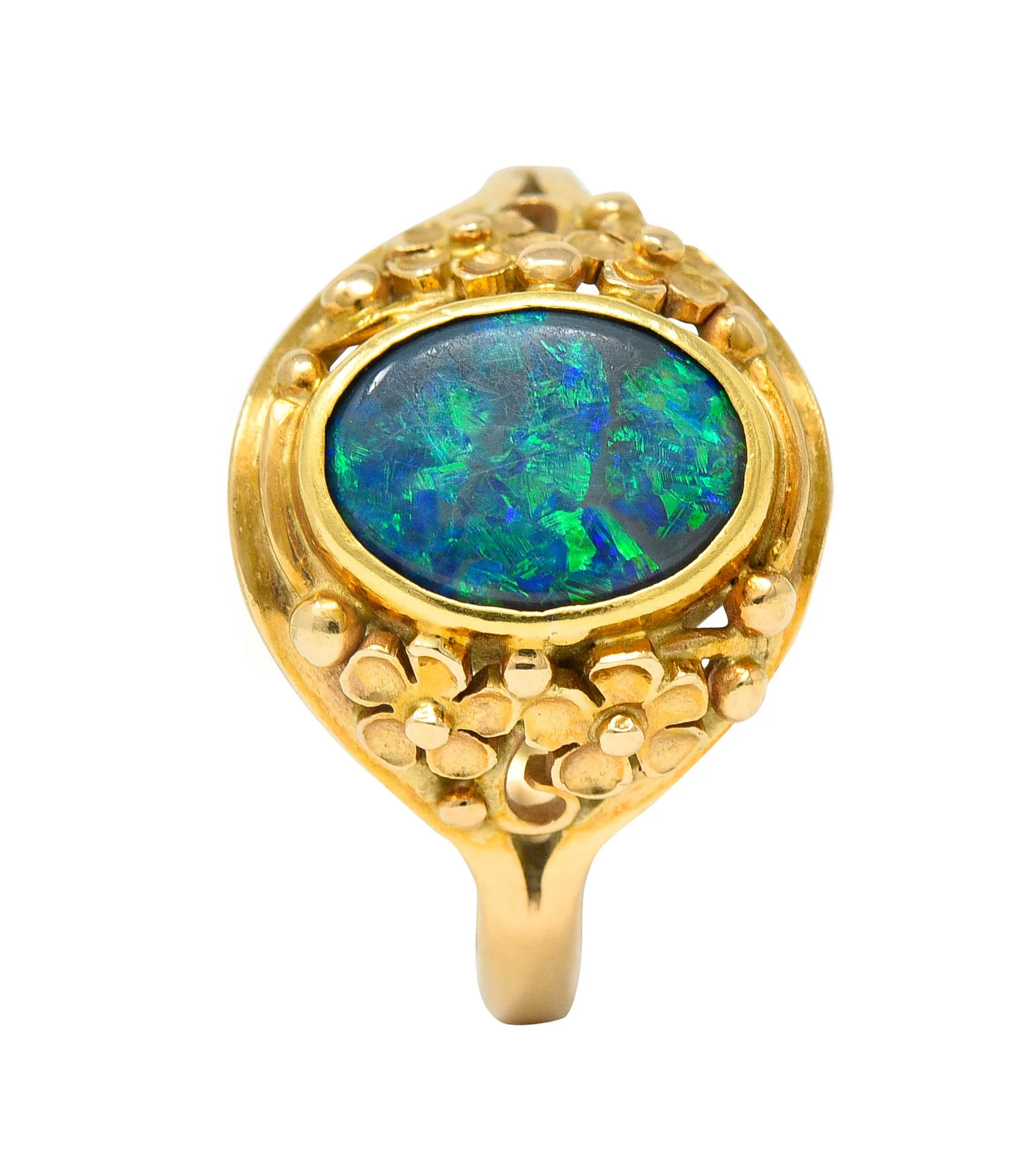 Art Nouveau 14 Karat Gold Black Opal Flower Ring - Image 10