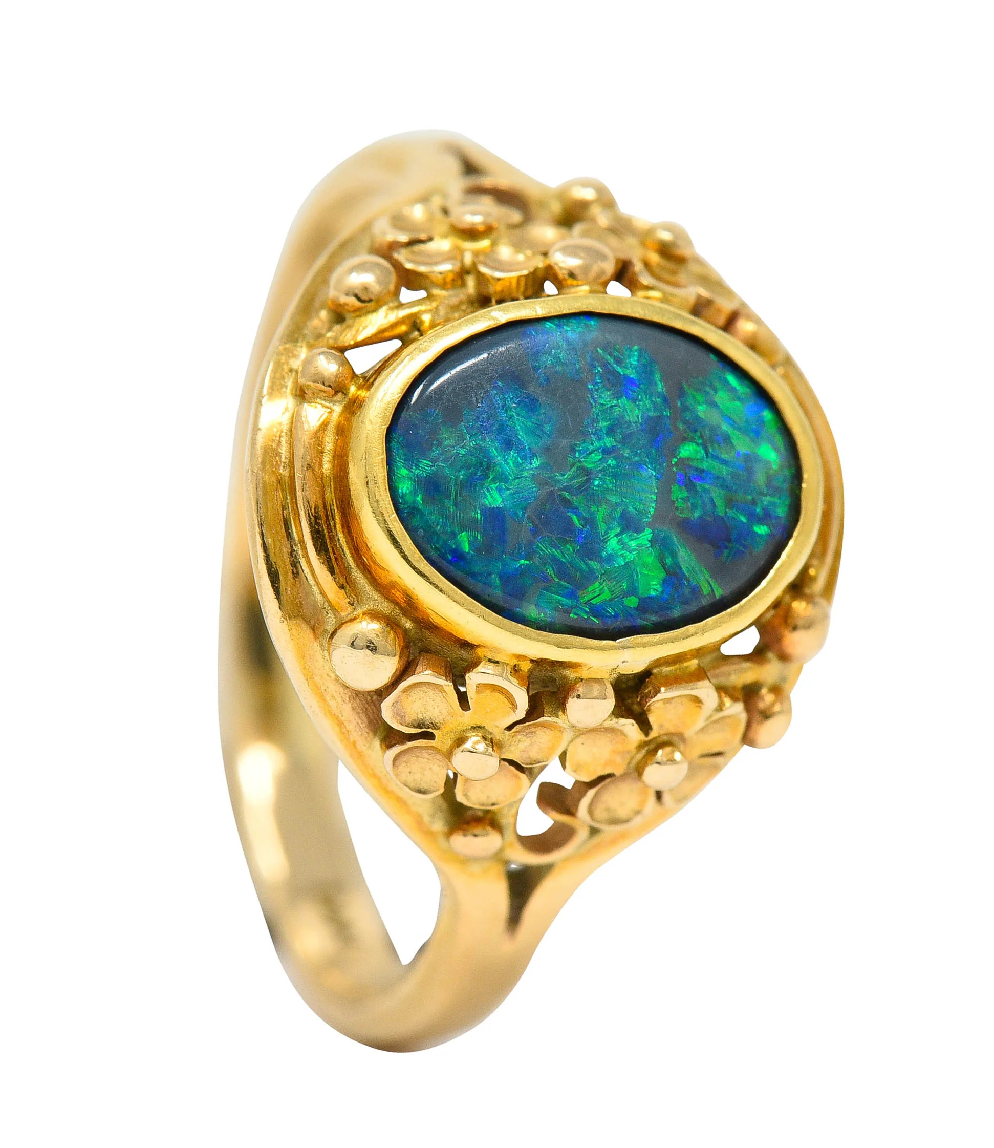 Art Nouveau 14 Karat Gold Black Opal Flower Ring - Image 12
