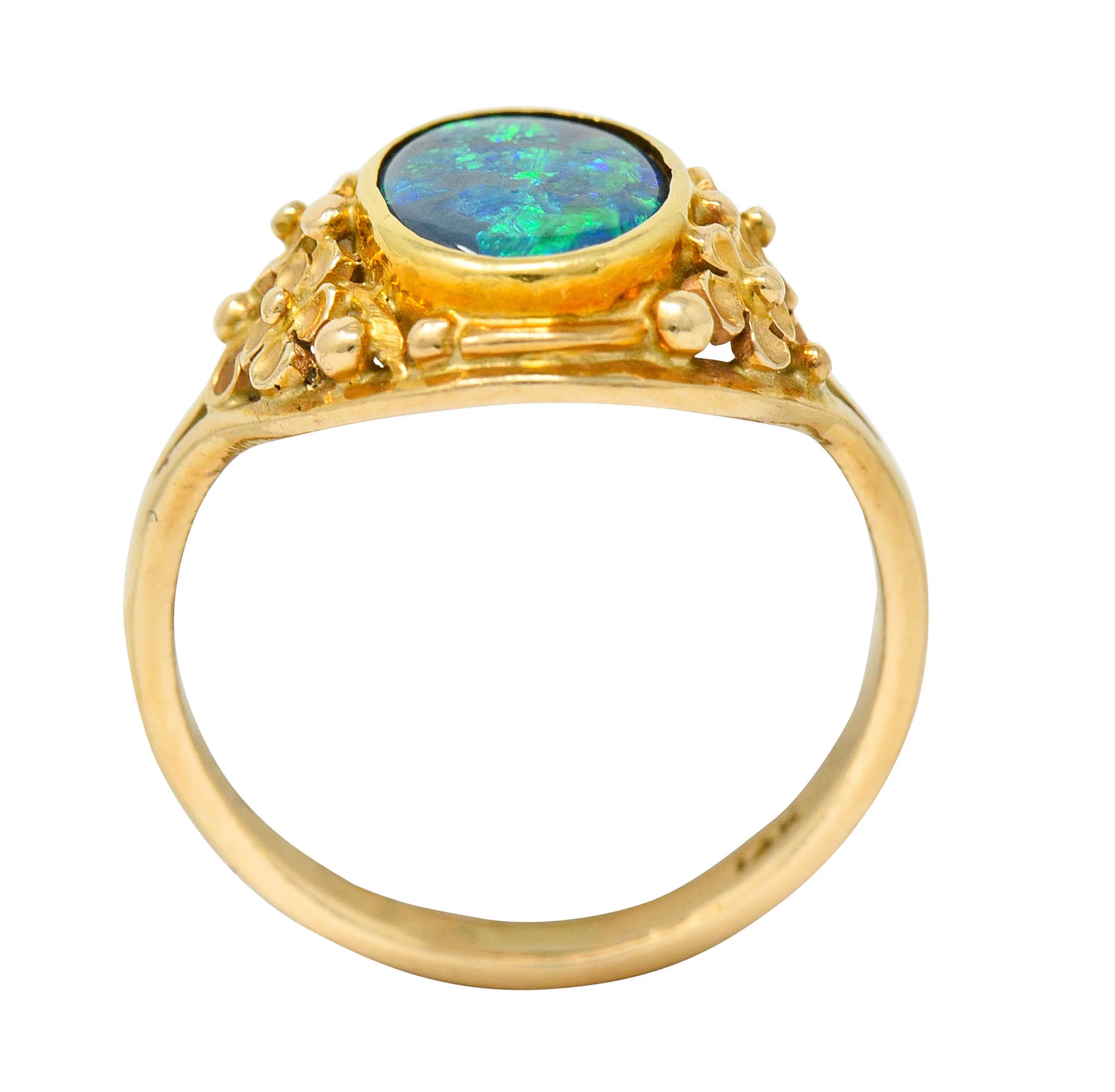 Art Nouveau 14 Karat Gold Black Opal Flower Ring - Image 7