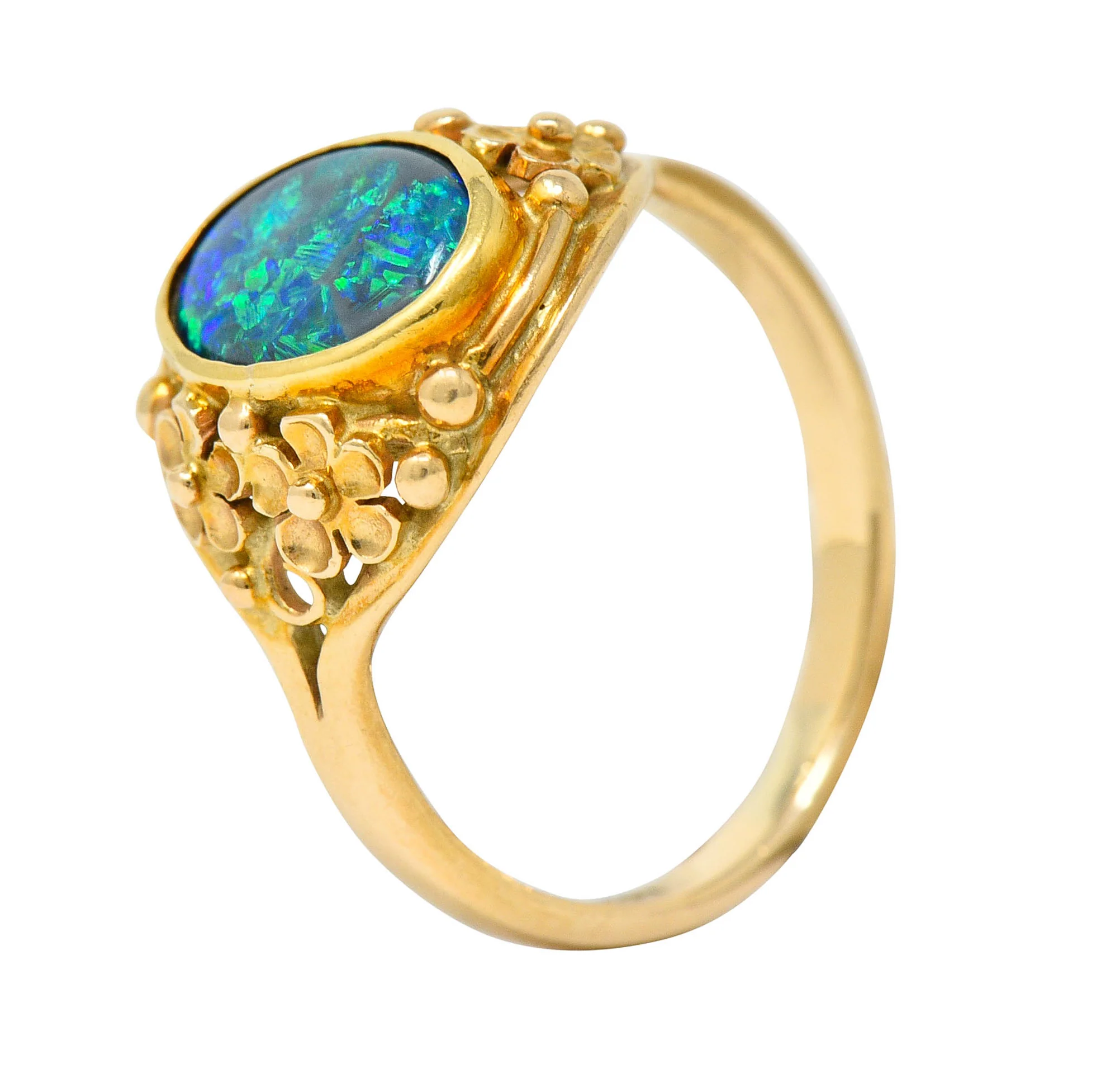 Art Nouveau 14 Karat Gold Black Opal Flower Ring - Image 9