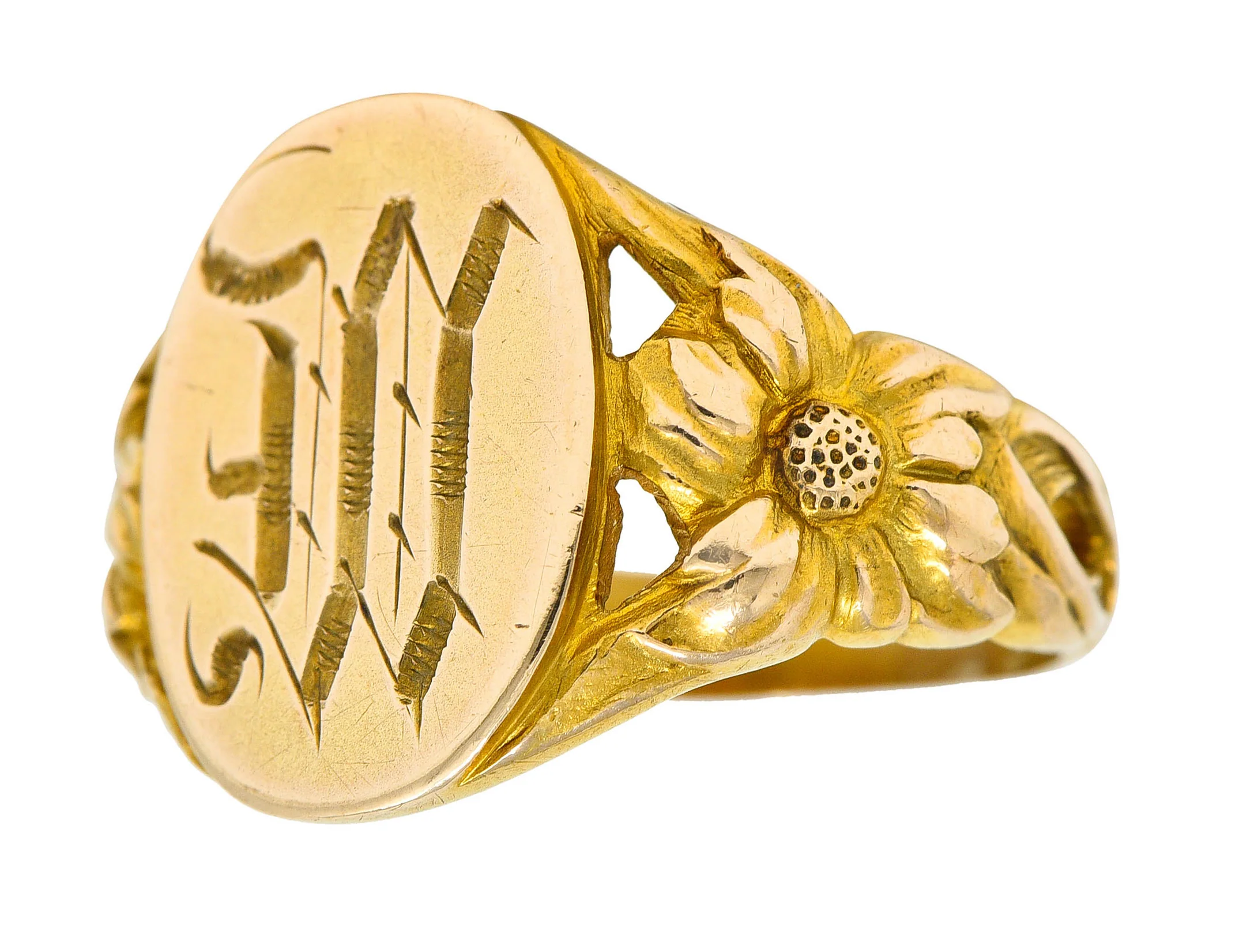 Art Nouveau 14 Karat Gold Floral Monogram Unisex Signet Ring - Image 7