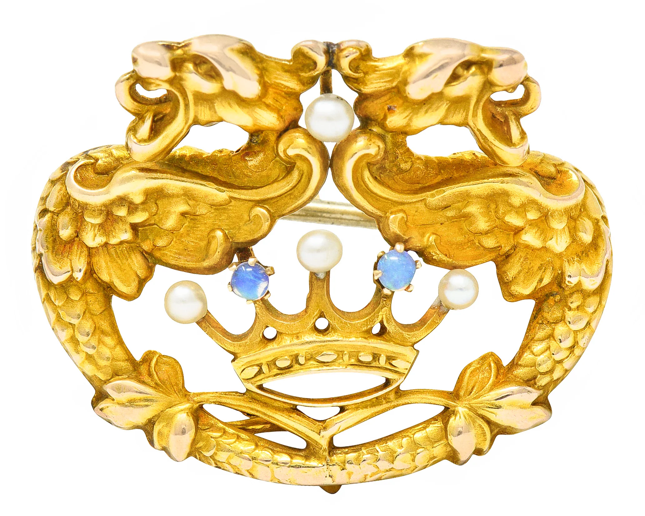 Art Nouveau 14 Karat Gold Opal Pearl Winged Griffin Crown Brooch Watch Pin