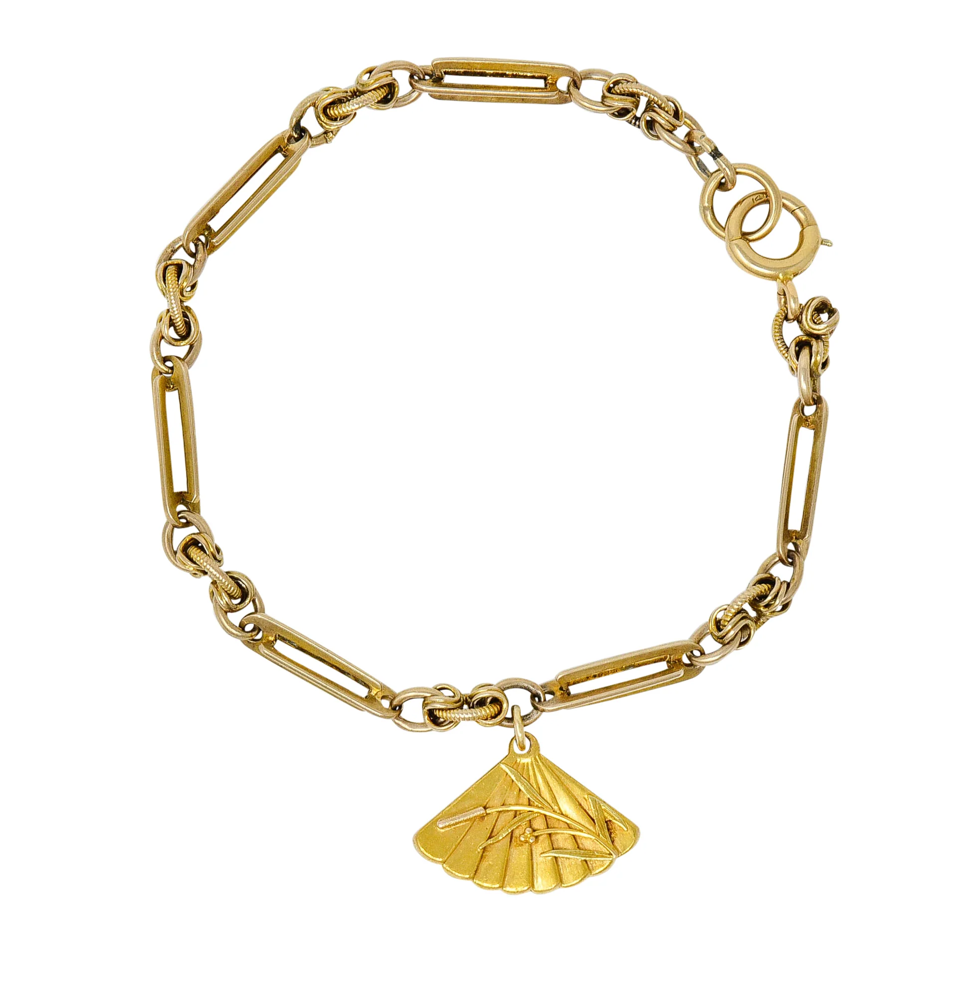 Art Nouveau 14 Karat Tri-Color Gold Cattail Fan Charm Bracelet - Image 2