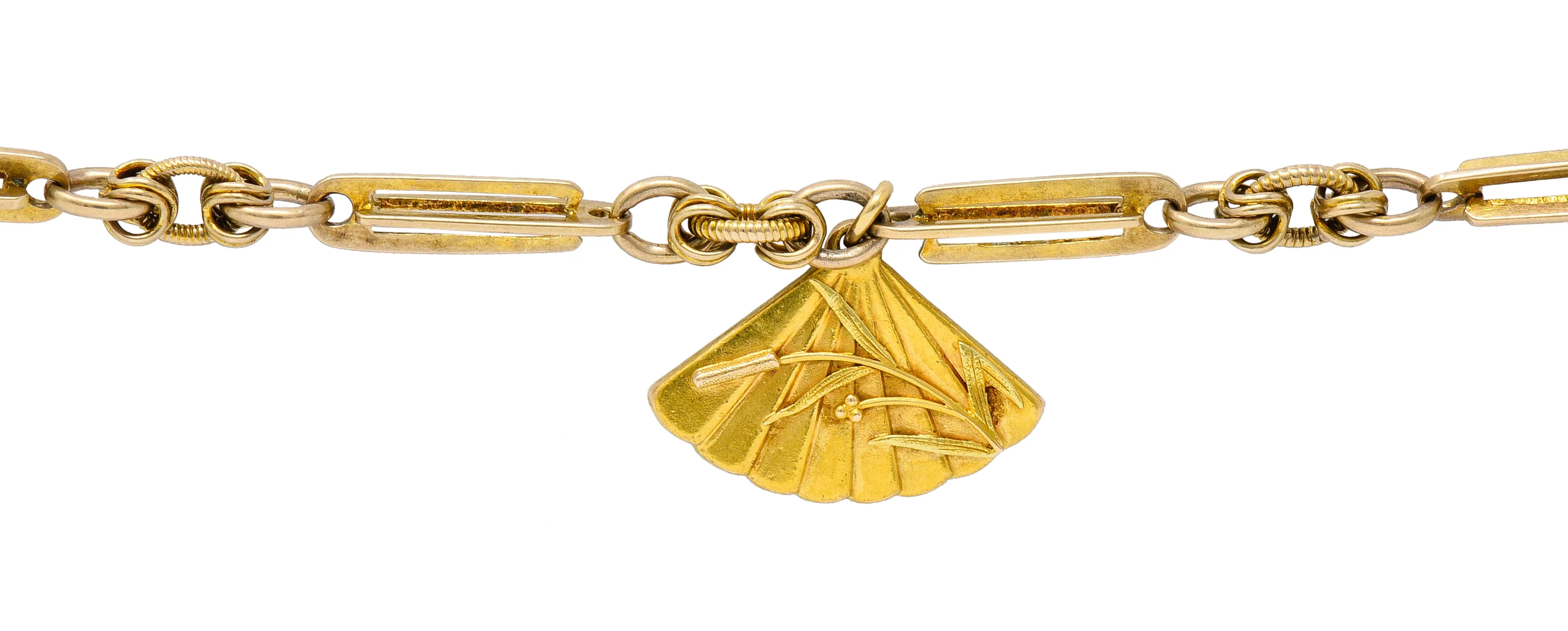Art Nouveau 14 Karat Tri-Color Gold Cattail Fan Charm Bracelet - Image 4