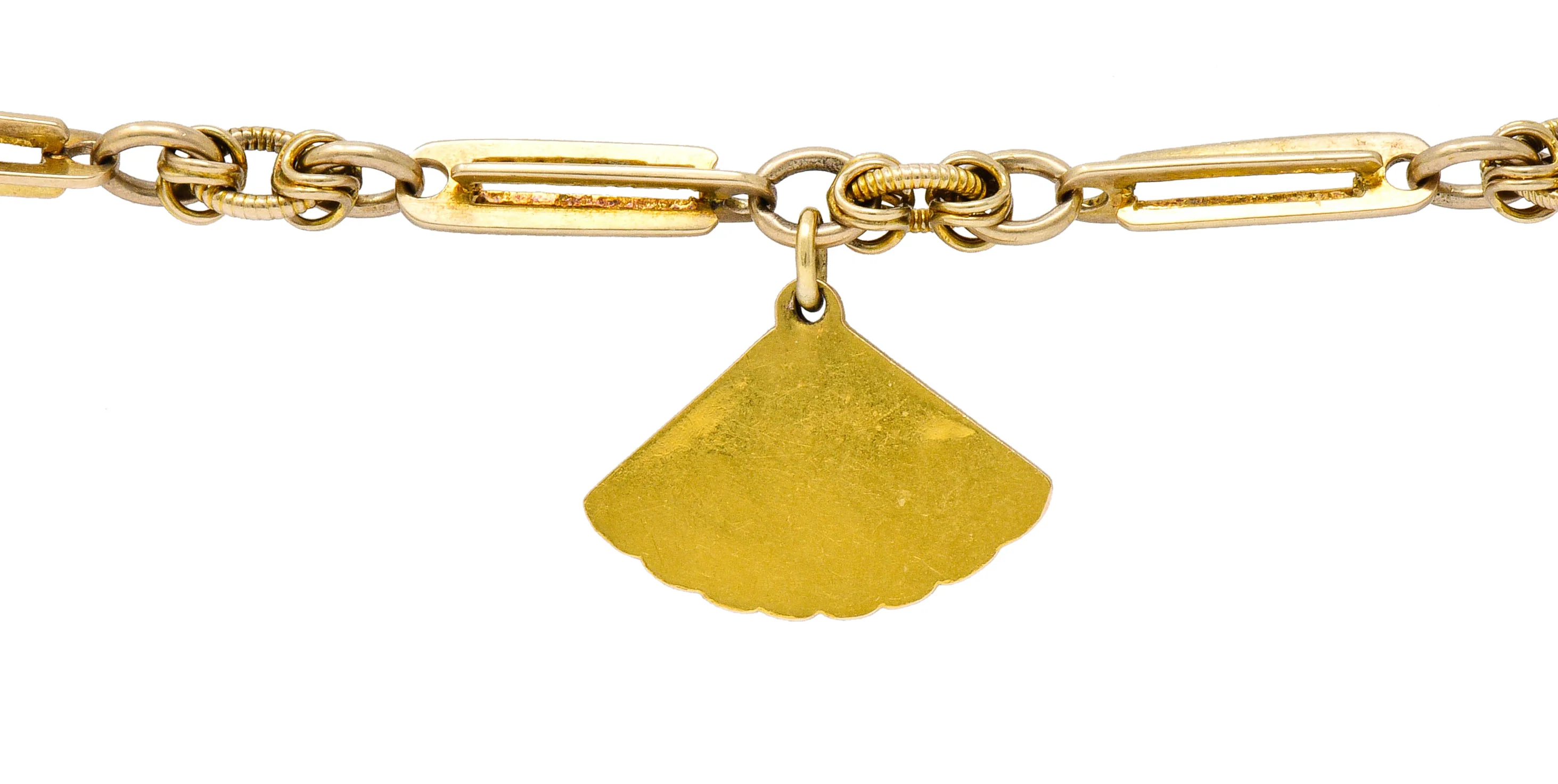 Art Nouveau 14 Karat Tri-Color Gold Cattail Fan Charm Bracelet - Image 6