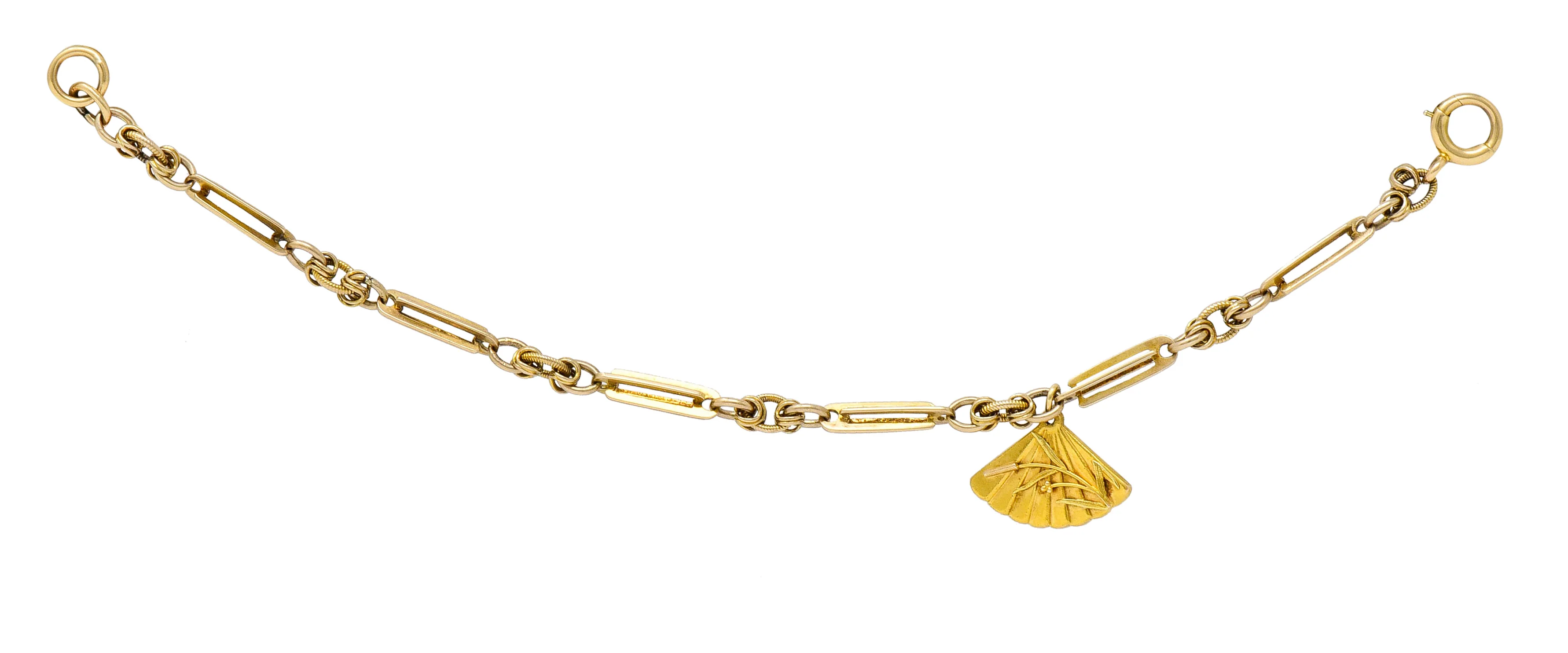 Art Nouveau 14 Karat Tri-Color Gold Cattail Fan Charm Bracelet - Image 8