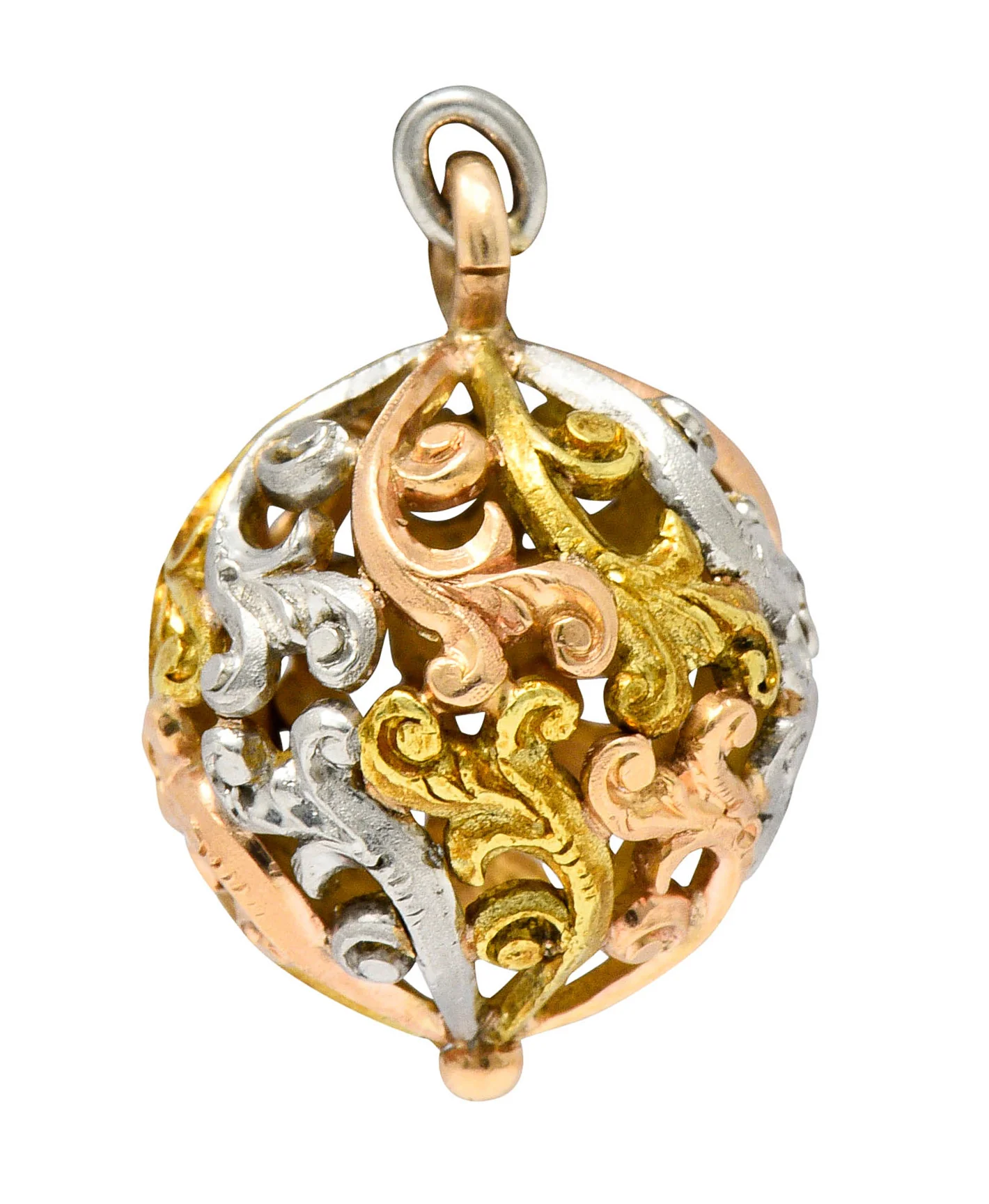Art Nouveau 14 Karat Tri-Colored Gold Filigree Ball Charm - Image 4