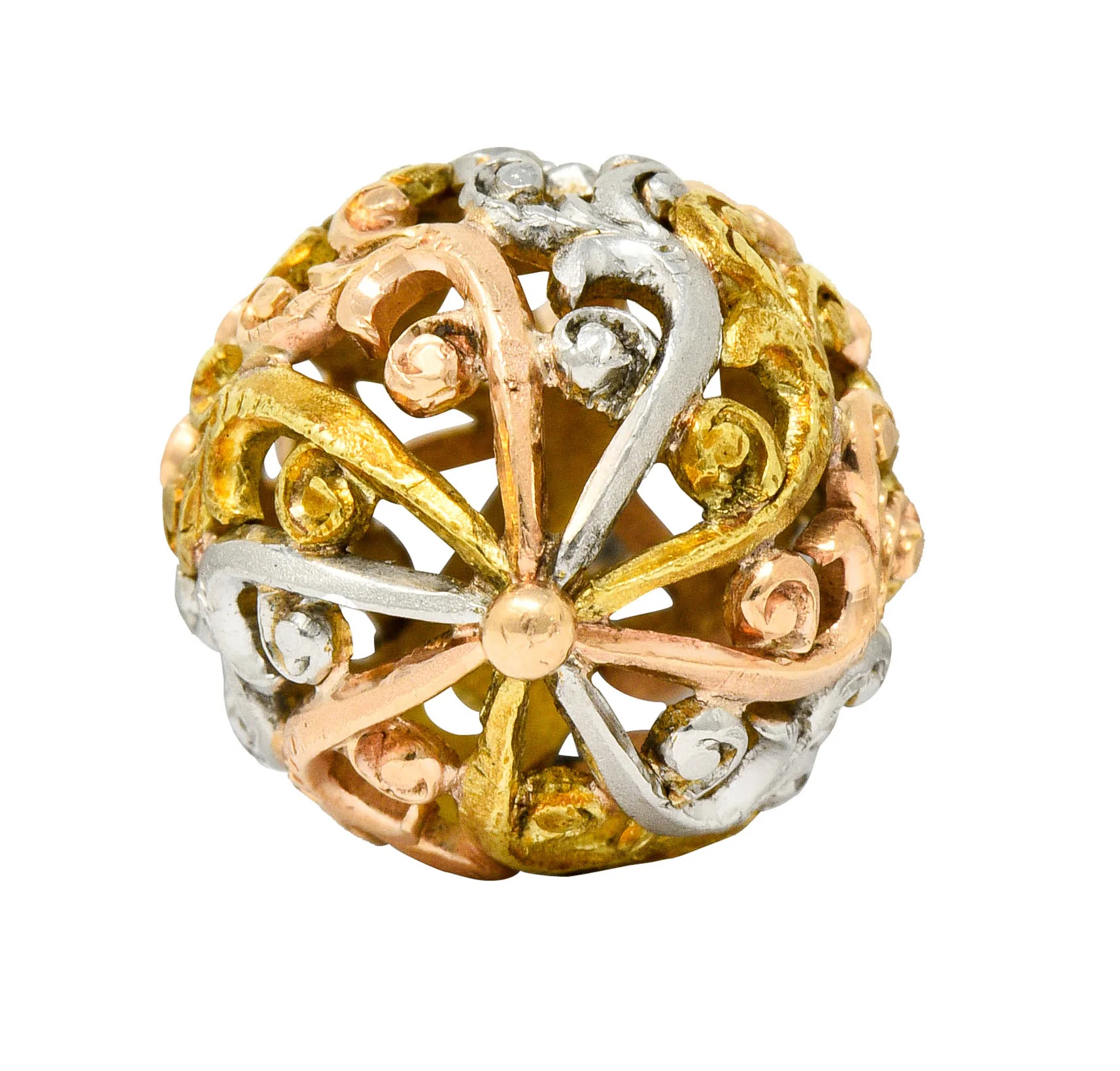 Art Nouveau 14 Karat Tri-Colored Gold Filigree Ball Charm - Image 6