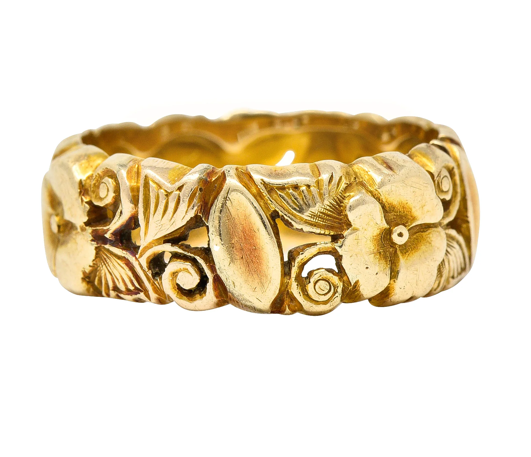 Art Nouveau 14 Karat Yellow Gold Pansy Antique Floral Eternity Band Ring - Image 3