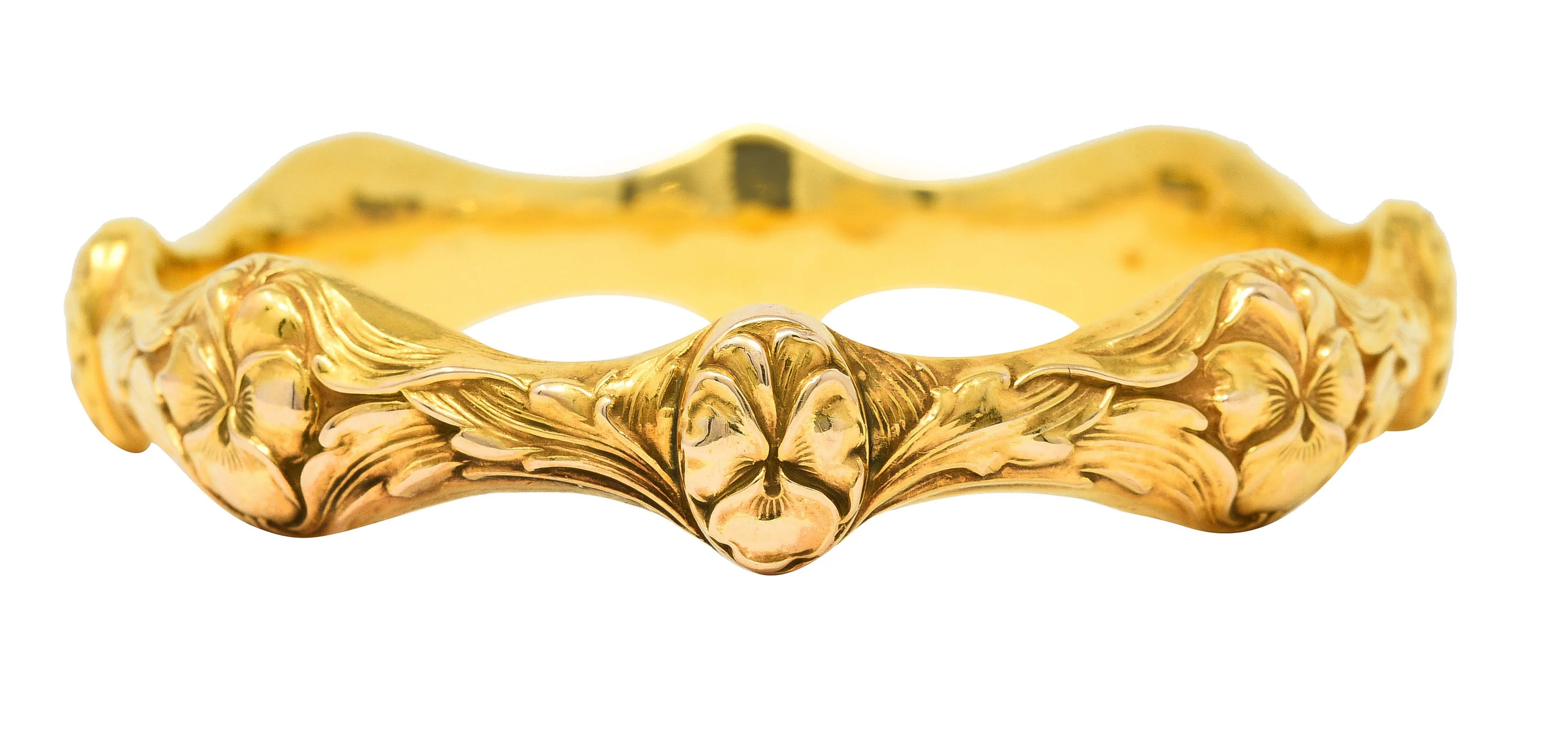 Art Nouveau 14 Karat Yellow Gold Pansy Flower Antique Bangle Bracelet - Image 5