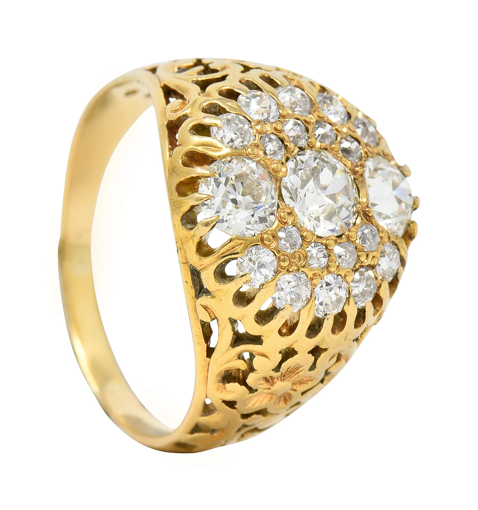 Art Nouveau 2.09 CTW Old European Cut Diamond 14 Karat Yellow Gold Floral Unisex Antique Cluster Ring - Image 10