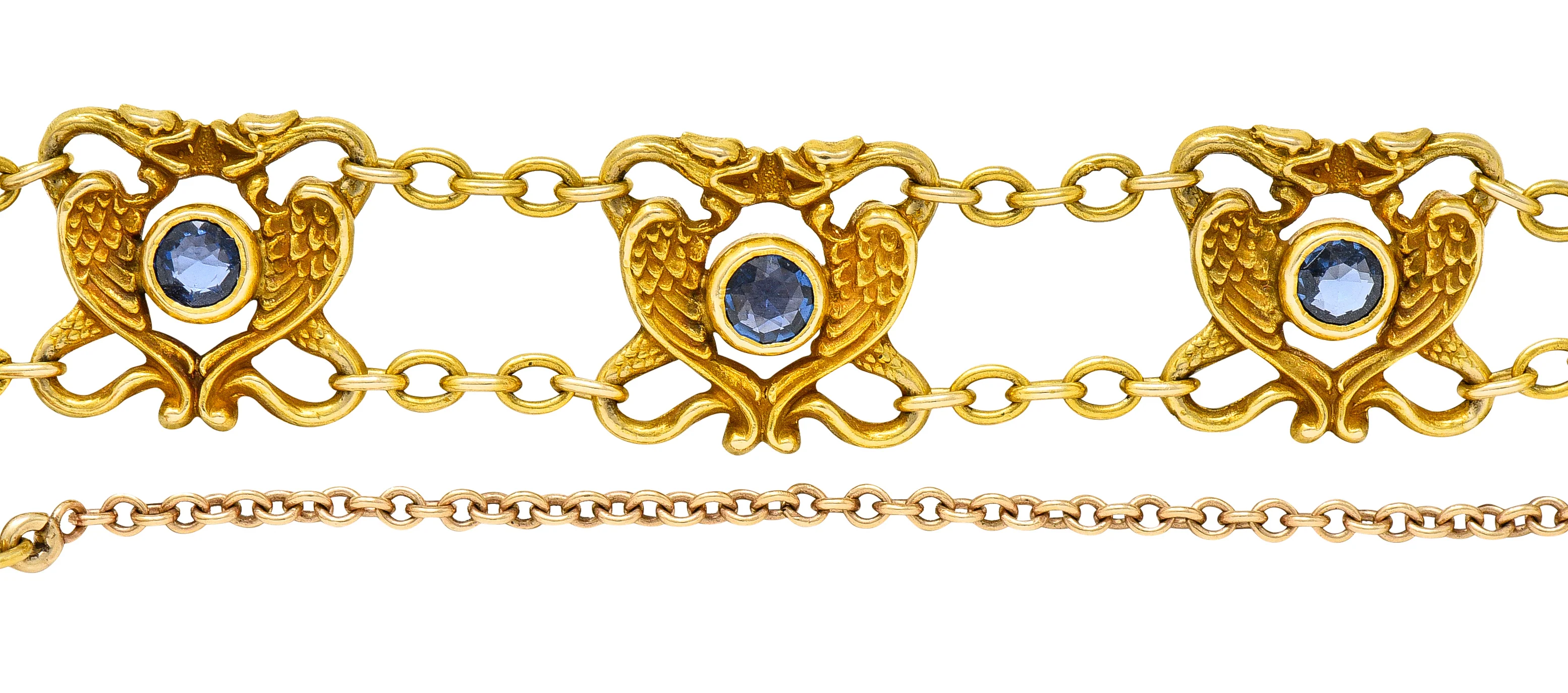 Art Nouveau 2.25 CTW Sapphire 18 Karat Yellow Gold Serpent Dragon Link Bracelet - Image 3