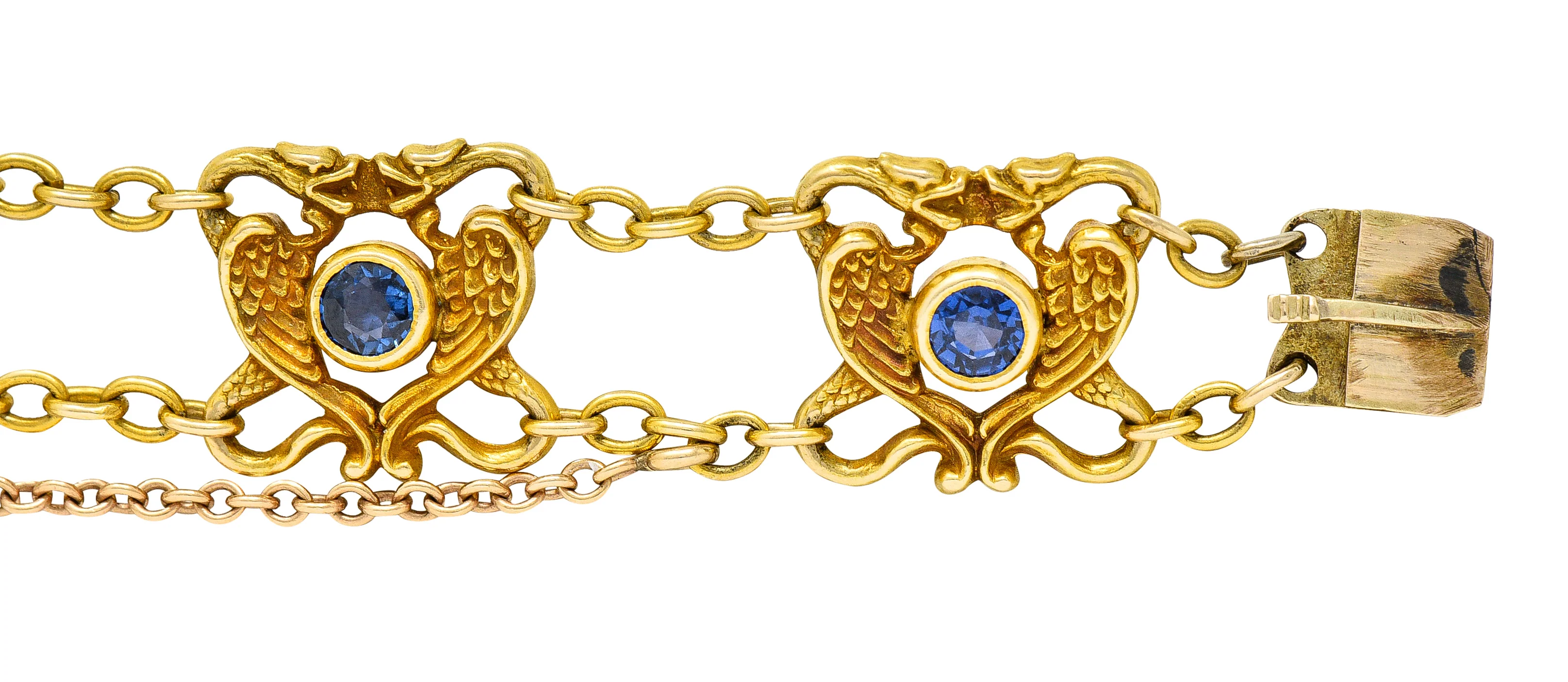 Art Nouveau 2.25 CTW Sapphire 18 Karat Yellow Gold Serpent Dragon Link Bracelet - Image 4