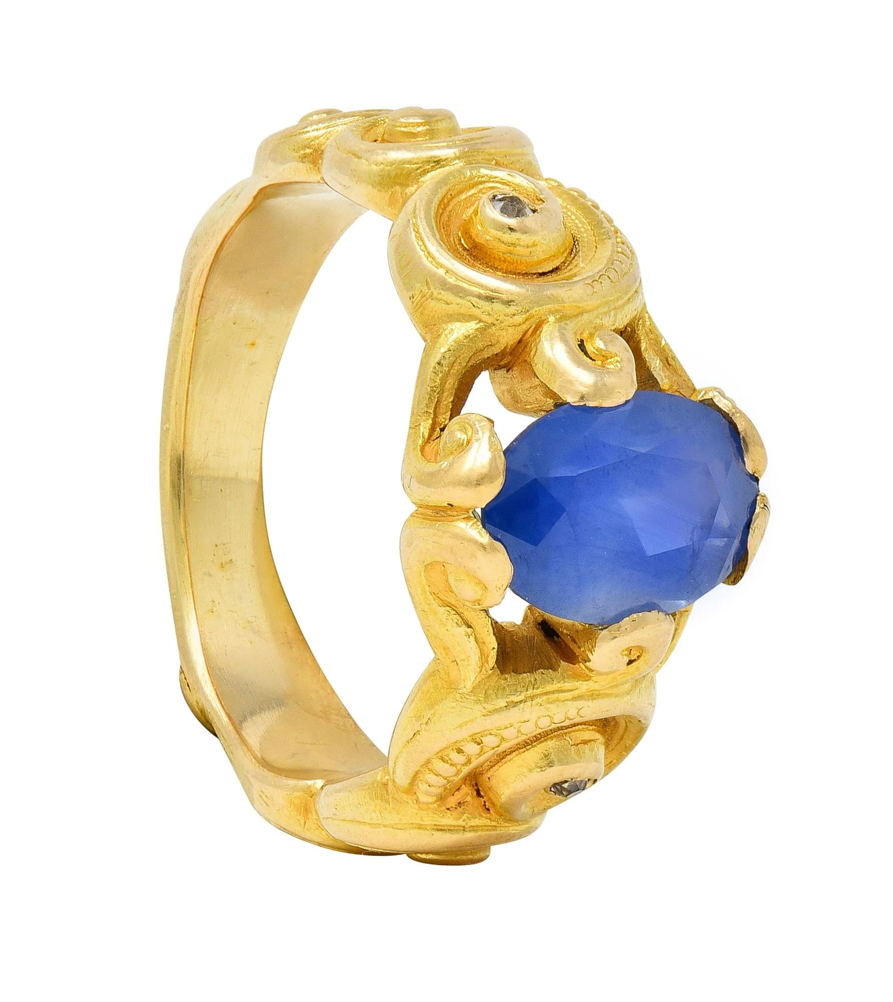 Art Nouveau 2.25 CTW Sapphire Diamond 18 Karat Yellow Gold Antique Unisex Swirl Ring - Image 13