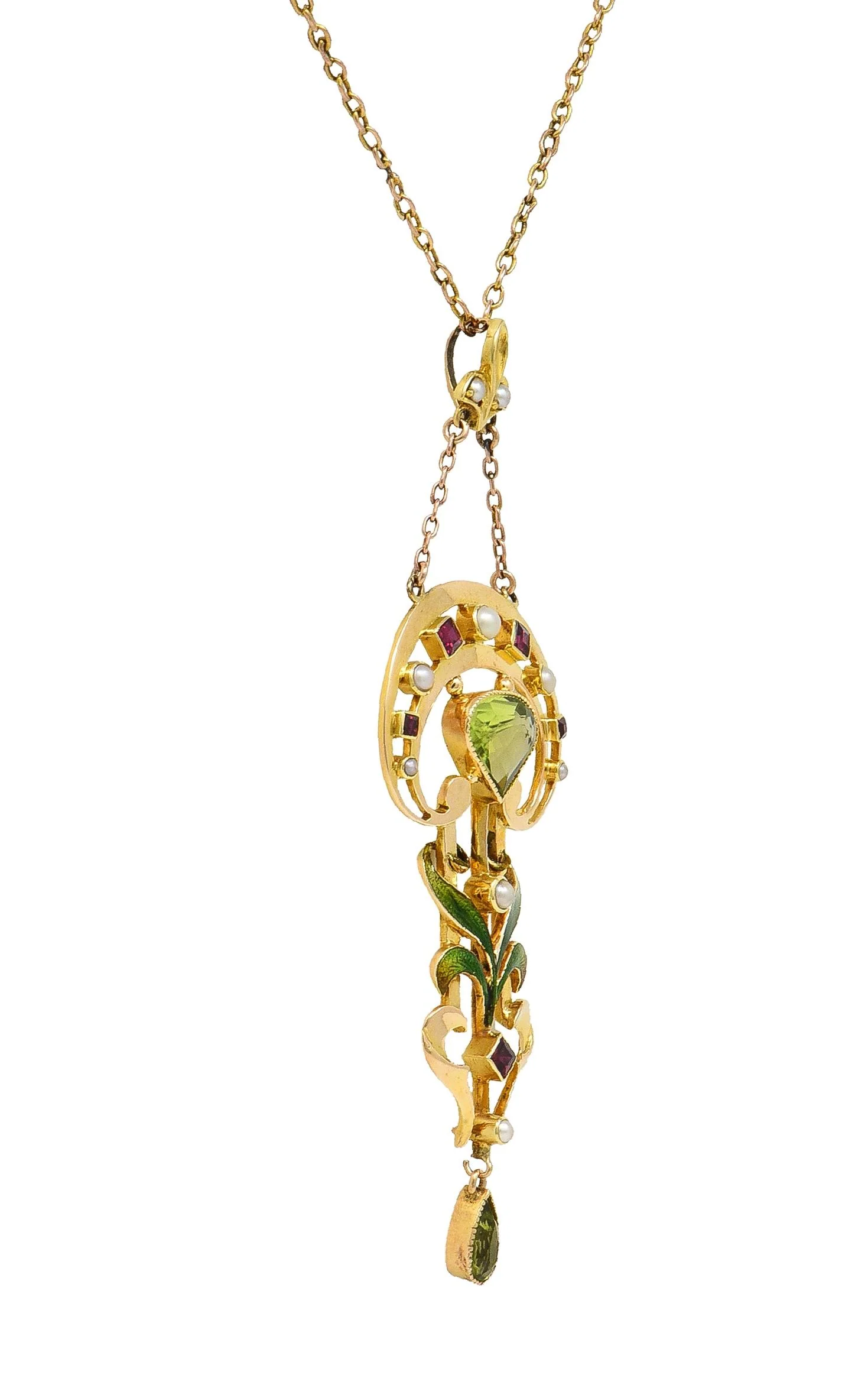 Art Nouveau 2.34 CTW Peridot Pearl Ruby 15 Karat Yellow Gold Antique Pendant Necklace - Image 6