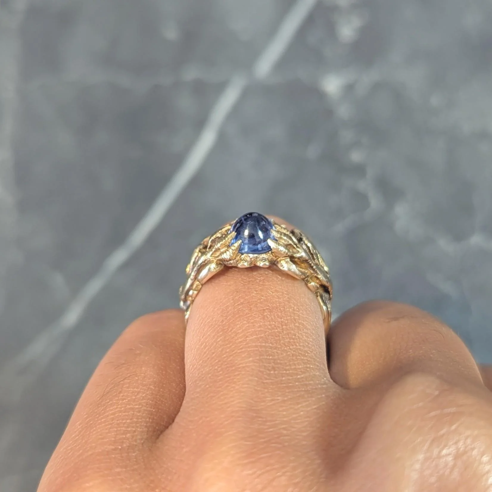 Art Nouveau 2.37 CTW Sapphire Cabochon Diamond 14 Karat Yellow Gold Antique Gargoyle Unisex Ring - Image 14