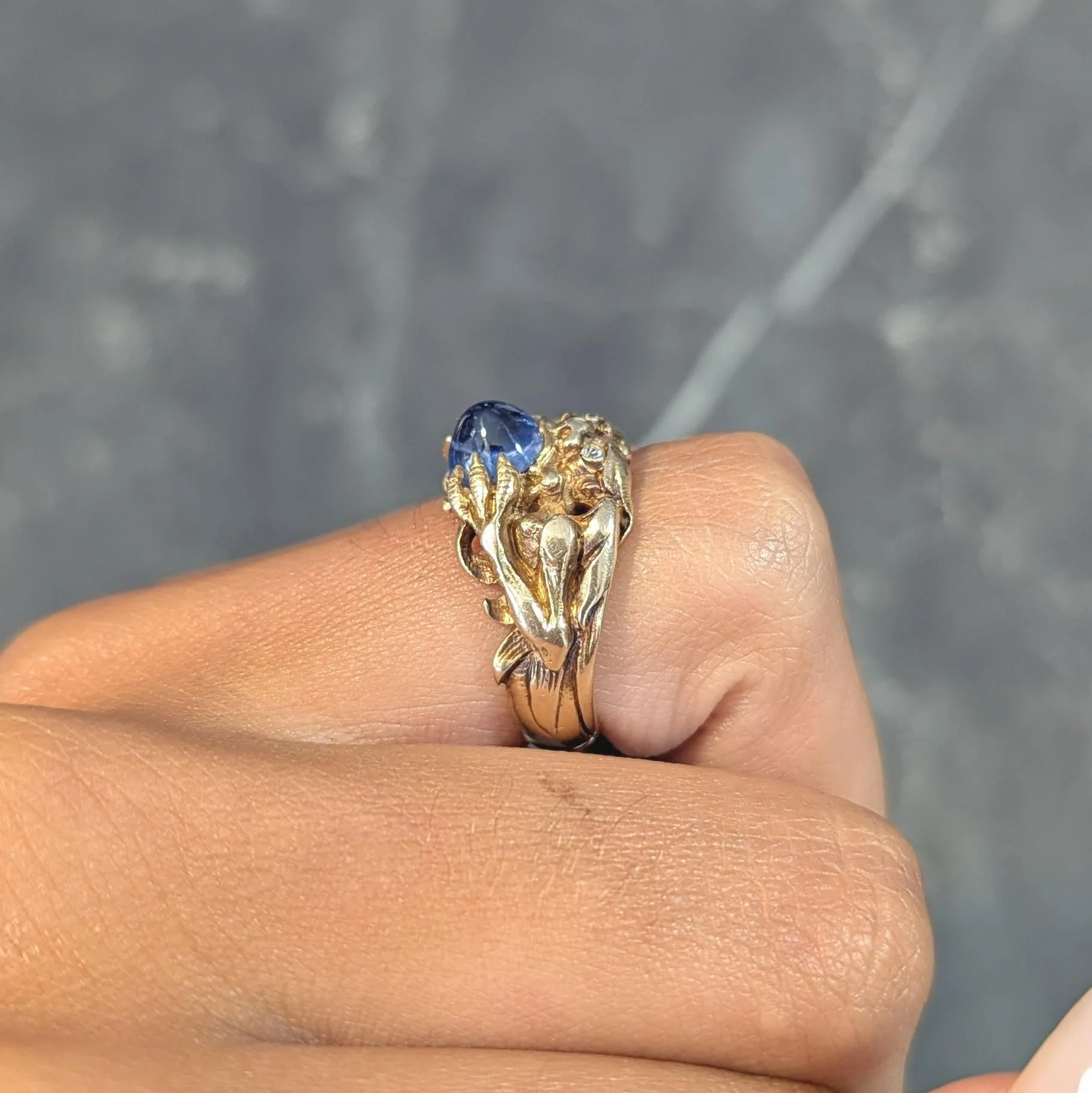 Art Nouveau 2.37 CTW Sapphire Cabochon Diamond 14 Karat Yellow Gold Antique Gargoyle Unisex Ring - Image 15