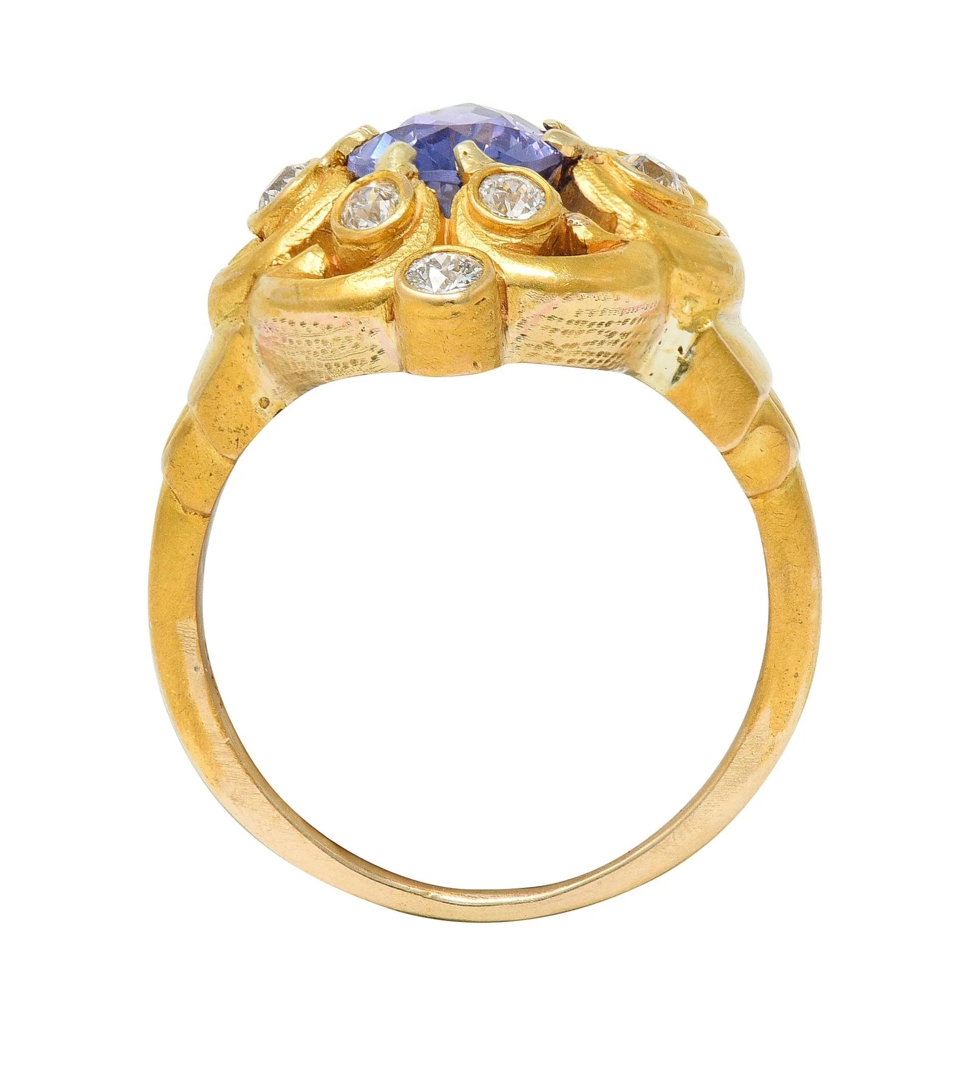 Art Nouveau 2.49 CTW No Heat Ceylon Purple Sapphire Diamond 14 Karat Gold Swirl Cluster Antique Ring - Image 11