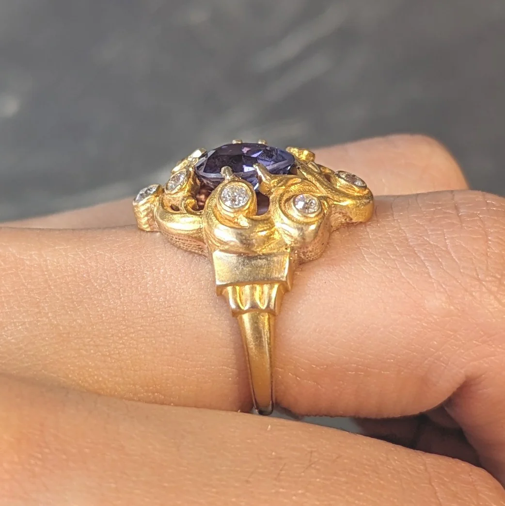 Art Nouveau 2.49 CTW No Heat Ceylon Purple Sapphire Diamond 14 Karat Gold Swirl Cluster Antique Ring - Image 16