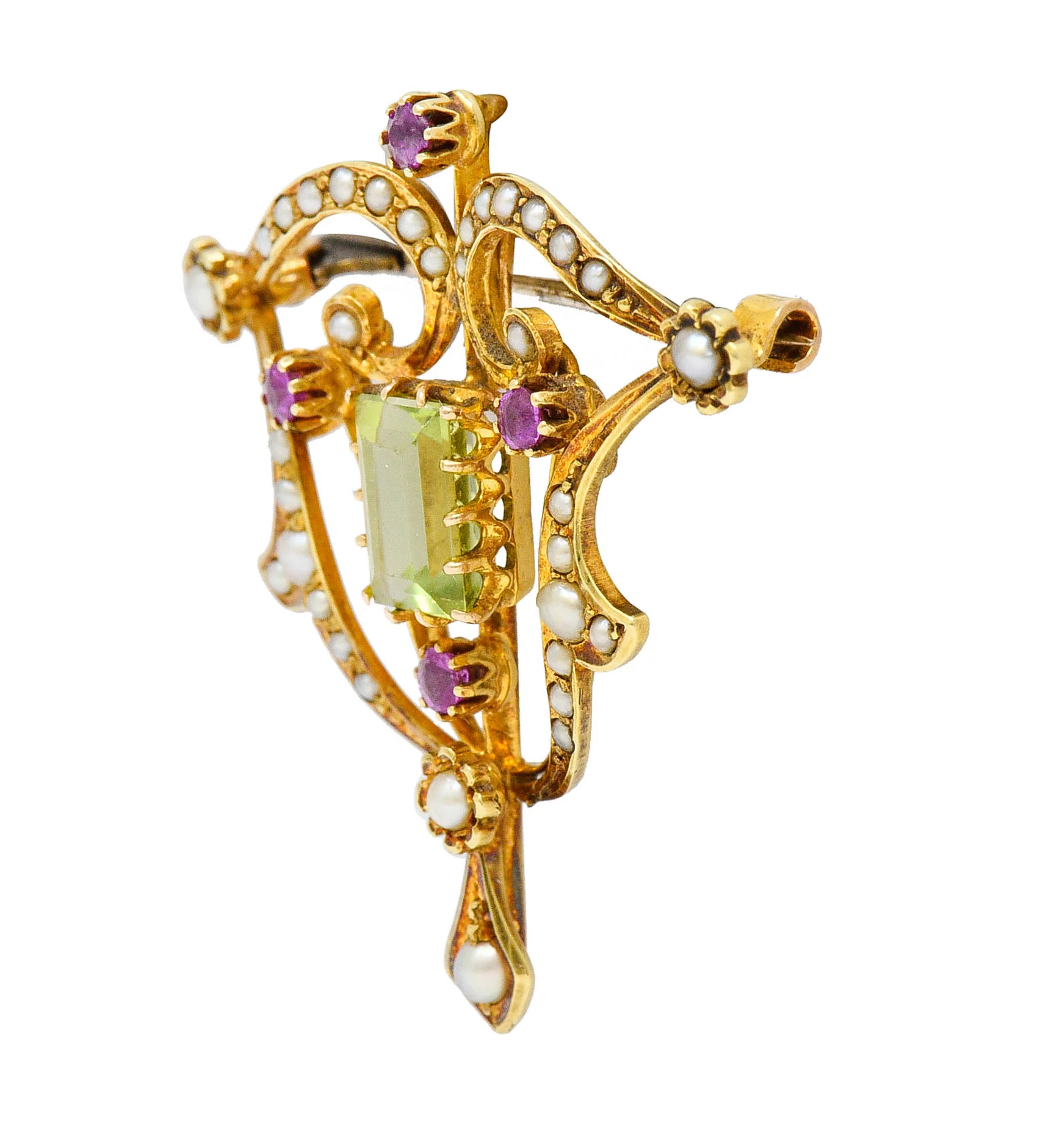 Art Nouveau 2.95 CTW Peridot Ruby Freshwater Natural Pearl 15 Karat Gold Pendant Brooch - Image 2