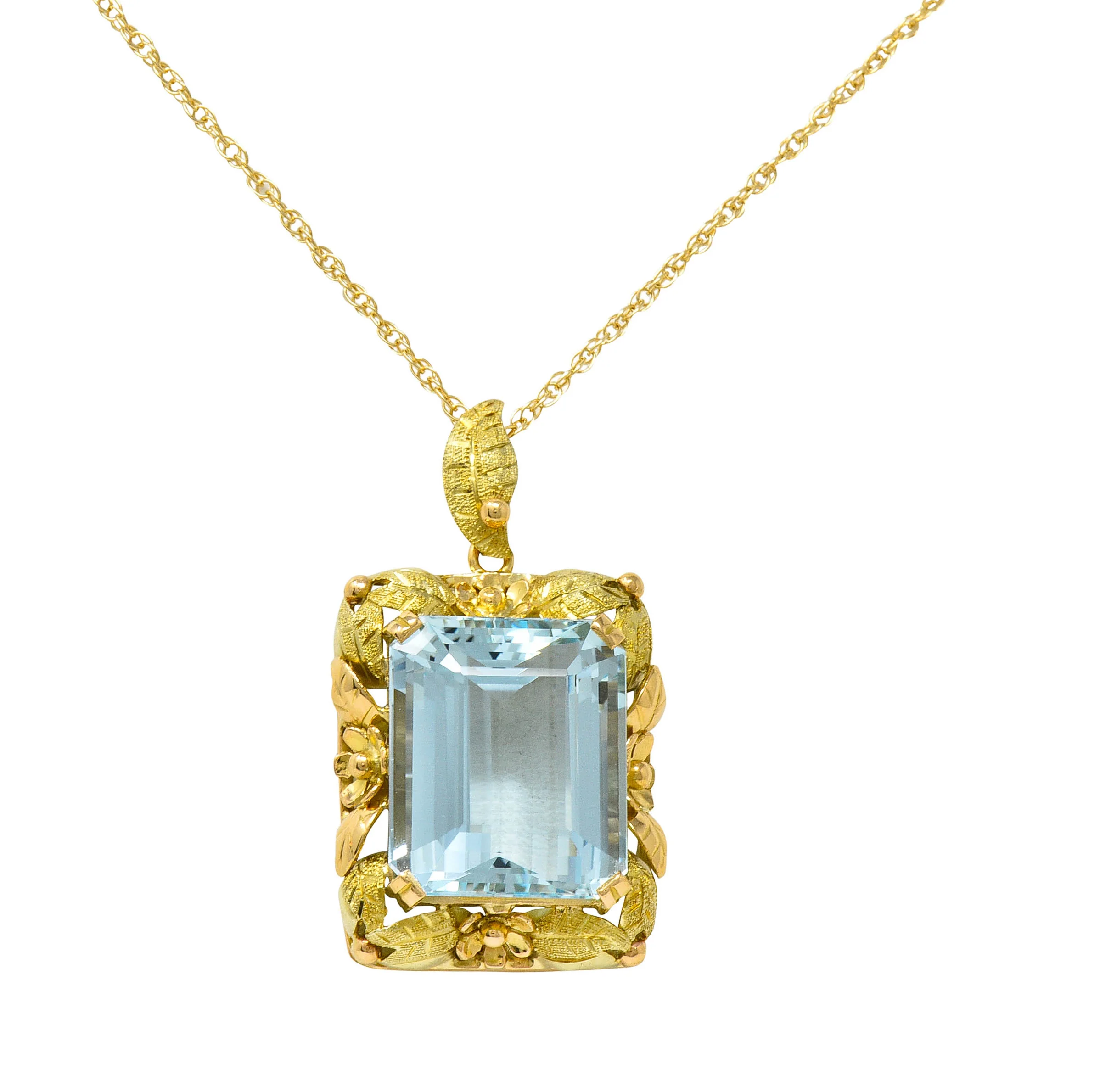 Art Nouveau 20.95 CTW Aquamarine 18 Karat Tri-Colored Gold Floral Pendant Necklace - Image 10