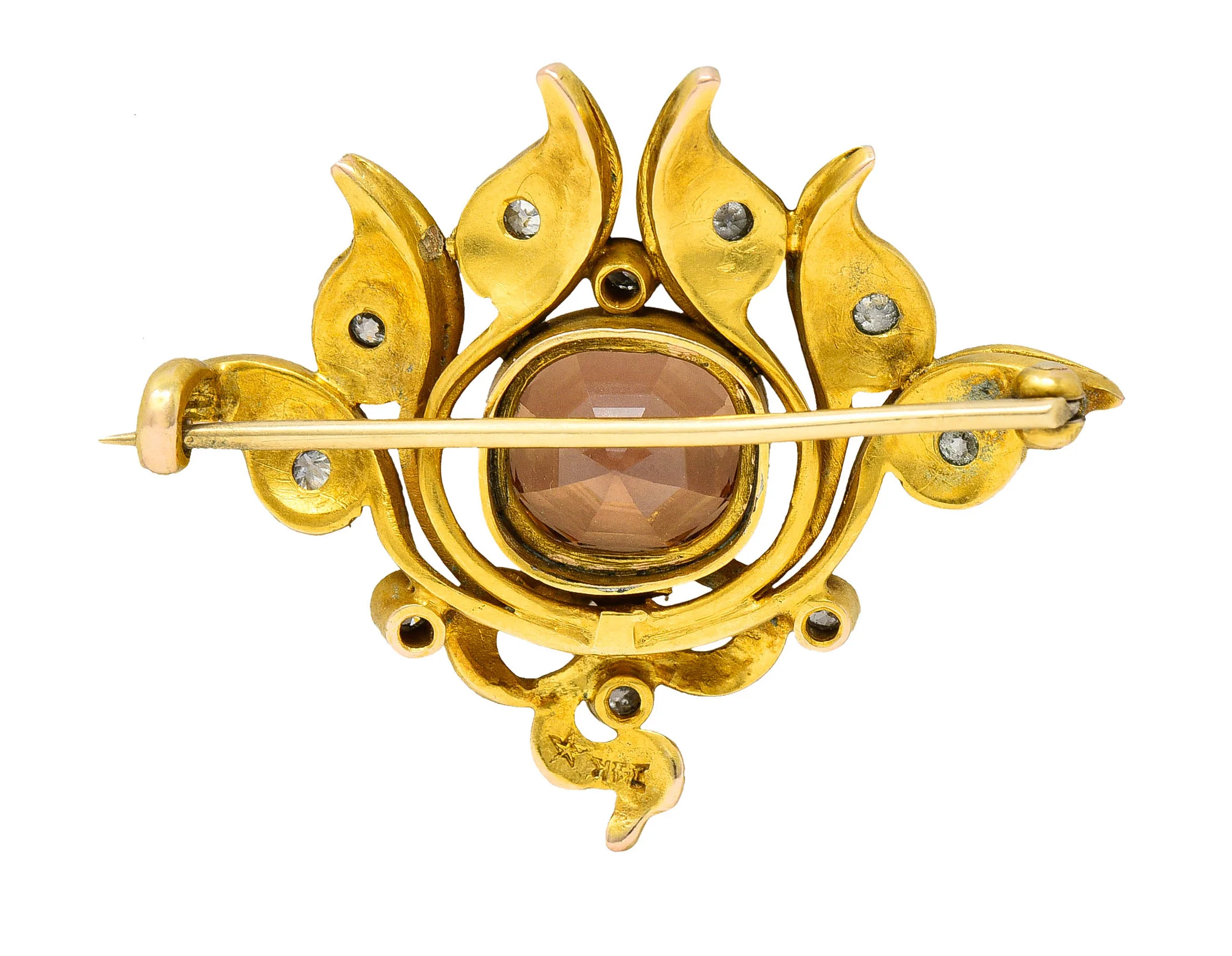 Art Nouveau 5.05 CTW Imperial Topaz Diamond 14 Karat Gold Foliate Brooch - Image 3