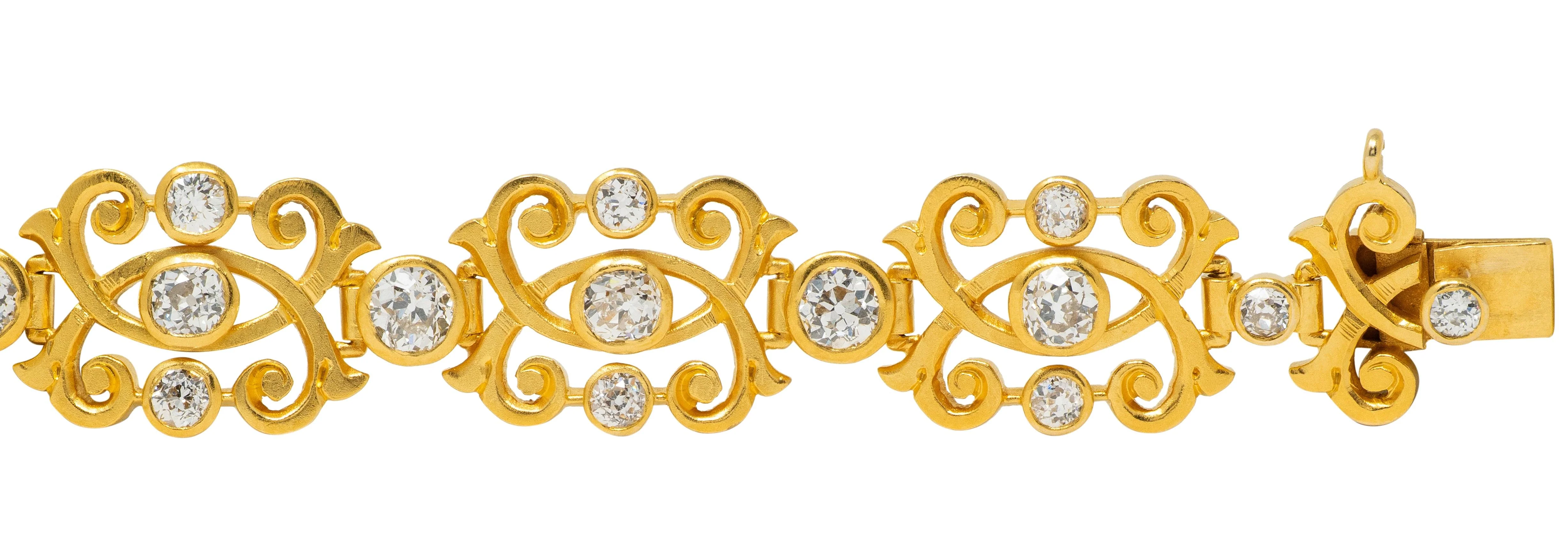 Art Nouveau 6.50 CTW Diamond 18 Karat Yellow Gold Antique Scrolling Link Bracelet - Image 6
