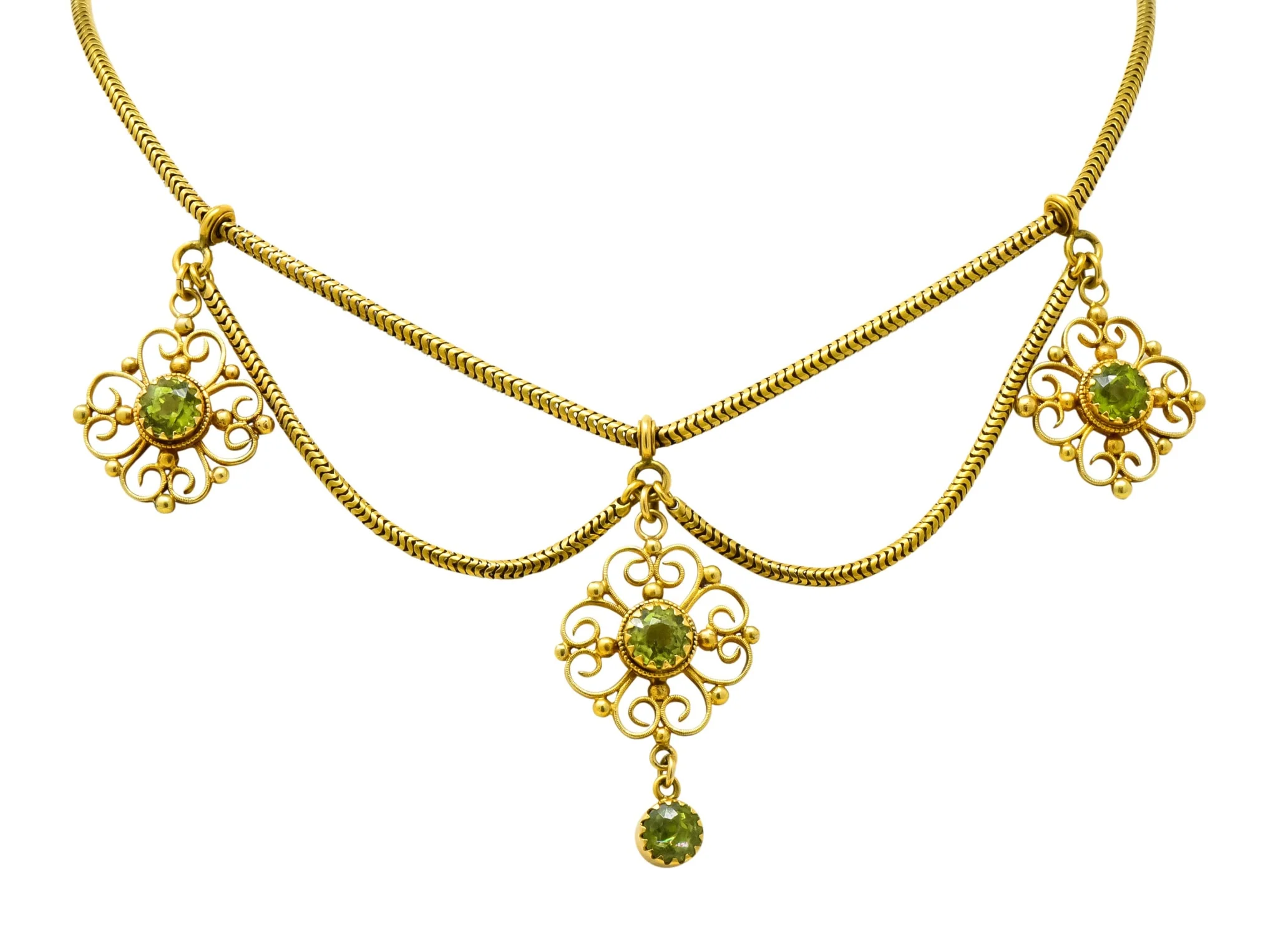 Art Nouveau 8.50 CTW Peridot 14 Karat Gold Swag Necklace