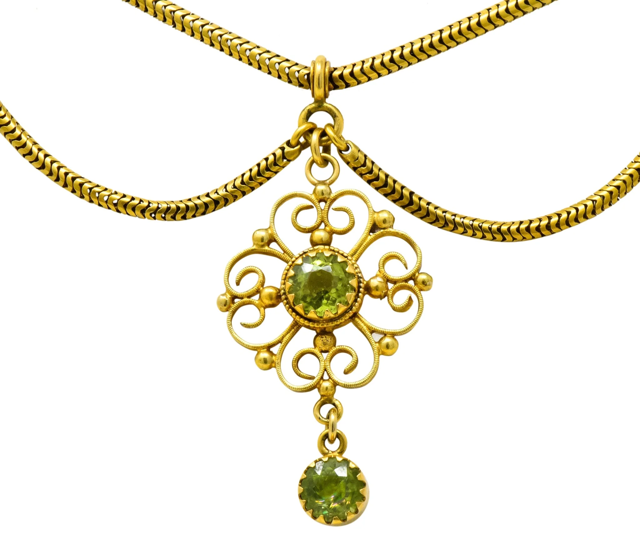 Art Nouveau 8.50 CTW Peridot 14 Karat Gold Swag Necklace - Image 7