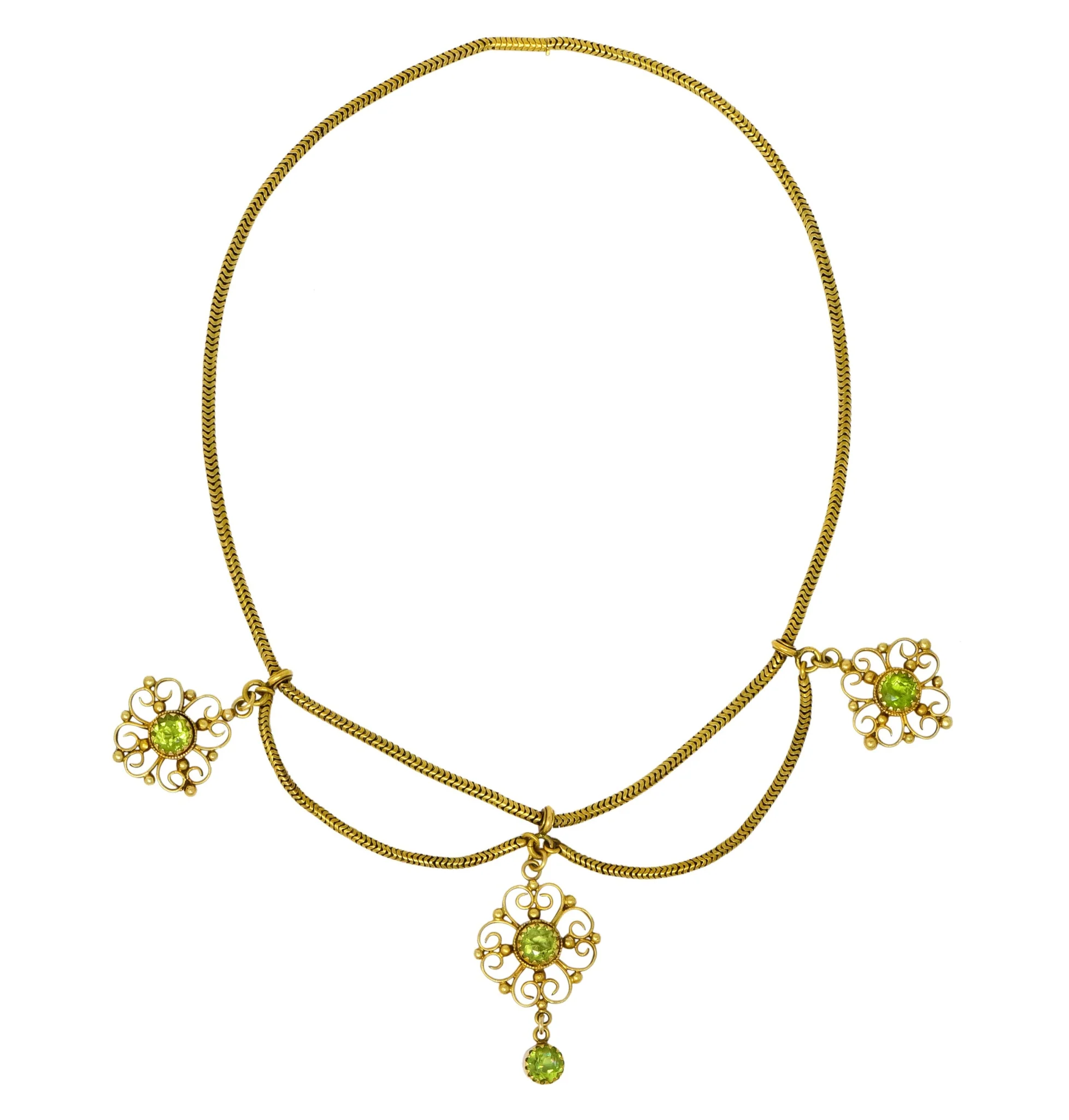 Art Nouveau 8.50 CTW Peridot 14 Karat Gold Swag Necklace - Image 9