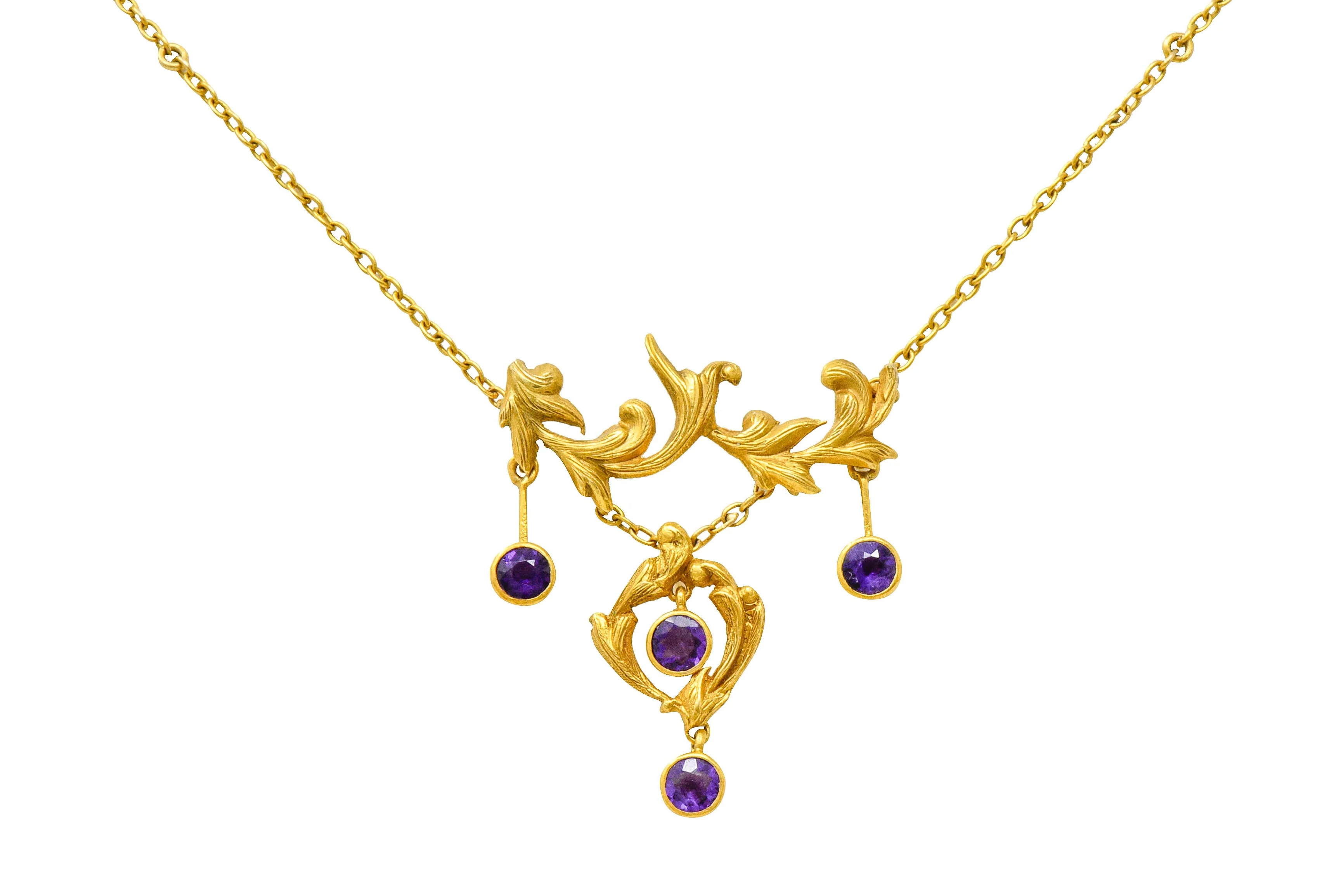 Art Nouveau Amethyst 14 Karat Gold Foliate Whiplash Swag Necklace - Image 9