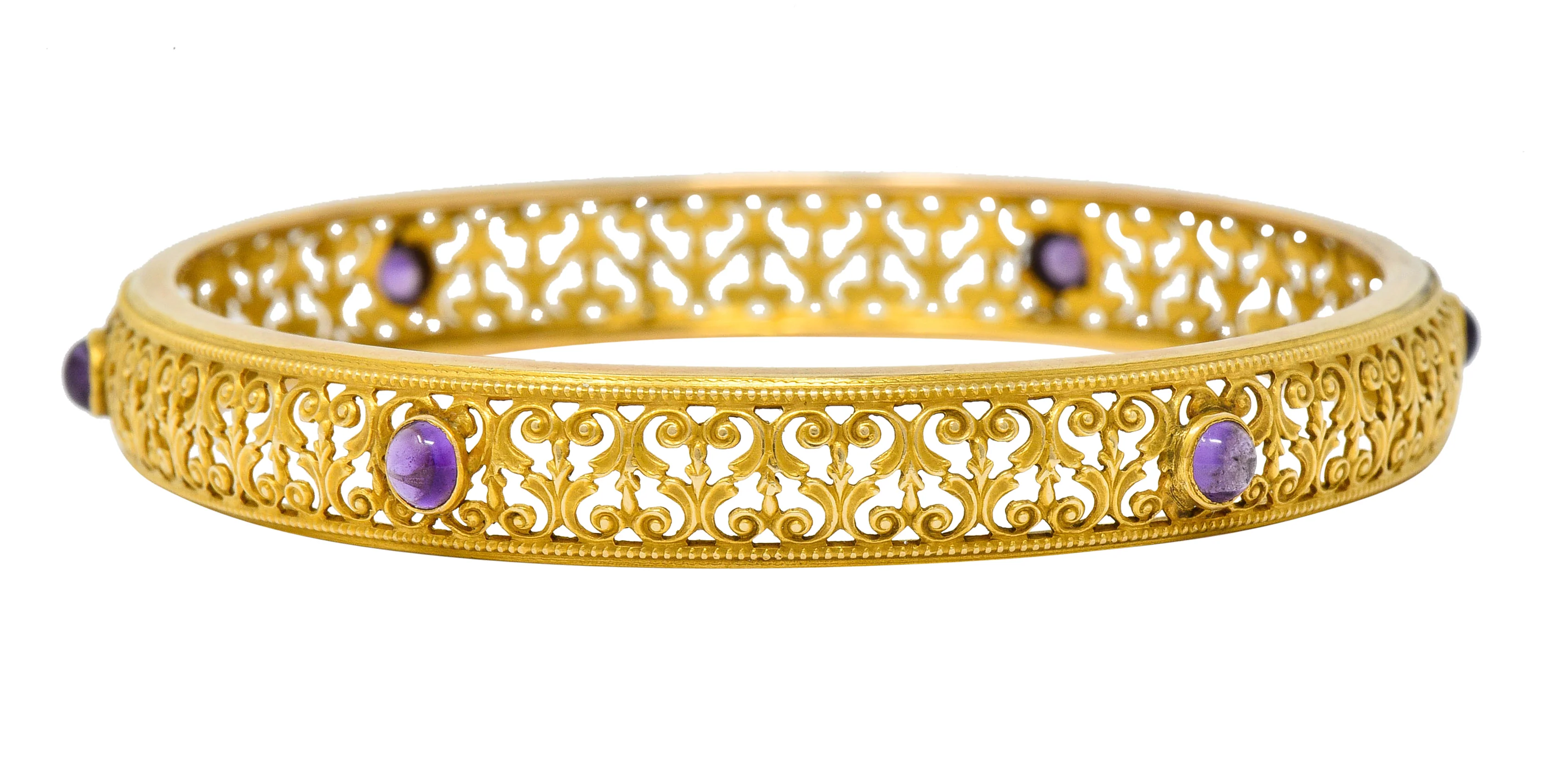 Art Nouveau Amethyst 14 Karat Gold Scrolled Filigree Bangle Bracelet - Image 2