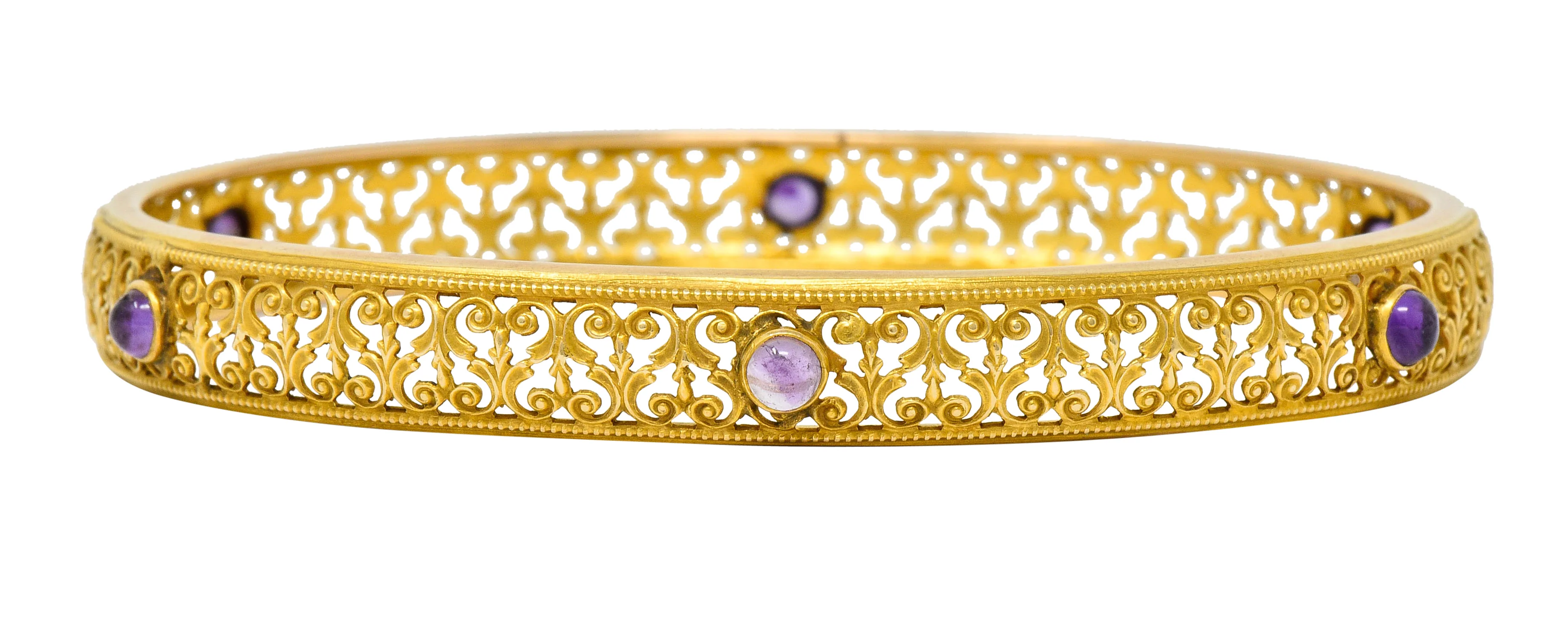 Art Nouveau Amethyst 14 Karat Gold Scrolled Filigree Bangle Bracelet - Image 3