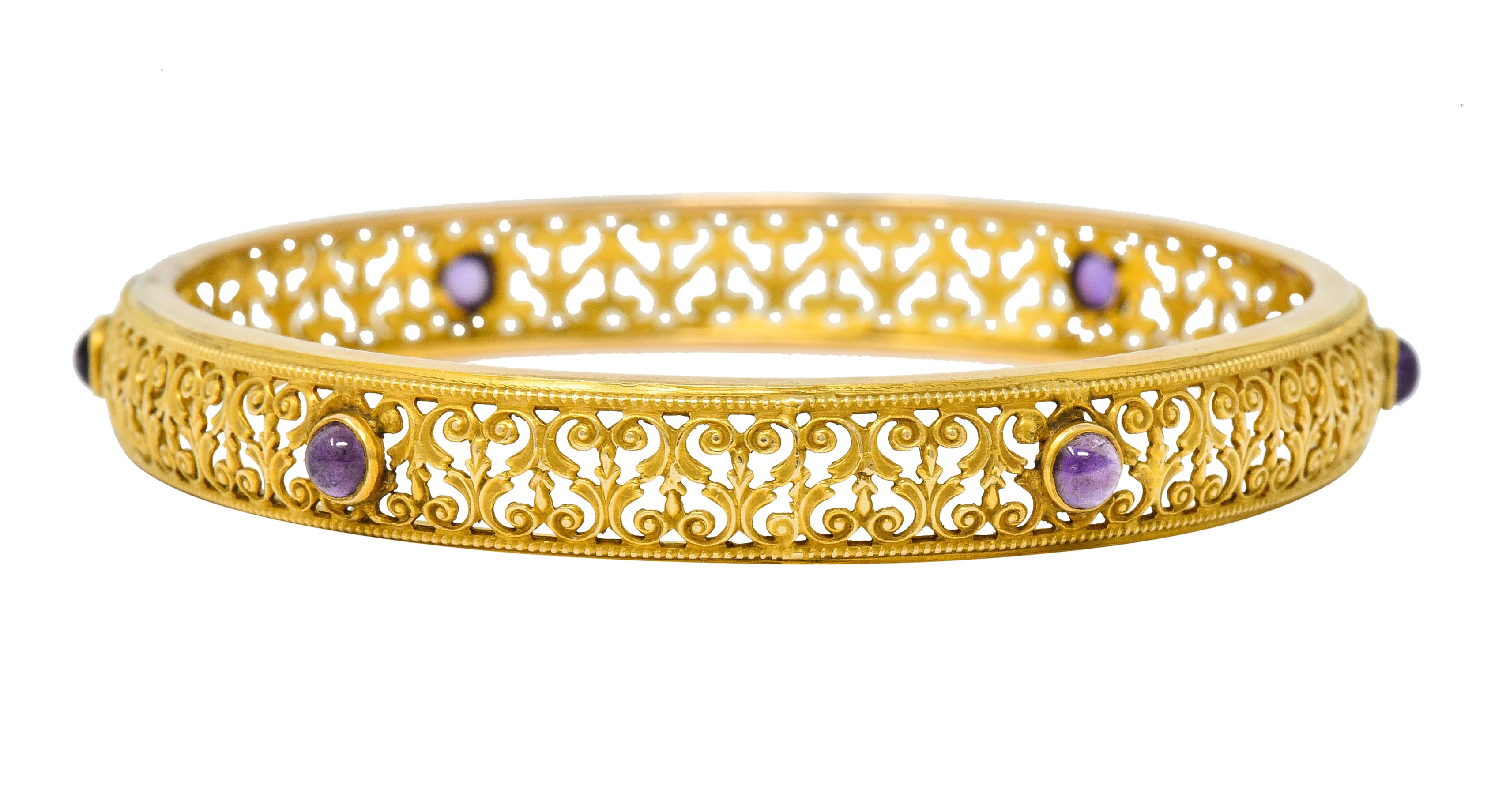 Art Nouveau Amethyst 14 Karat Gold Scrolled Filigree Bangle Bracelet - Image 4