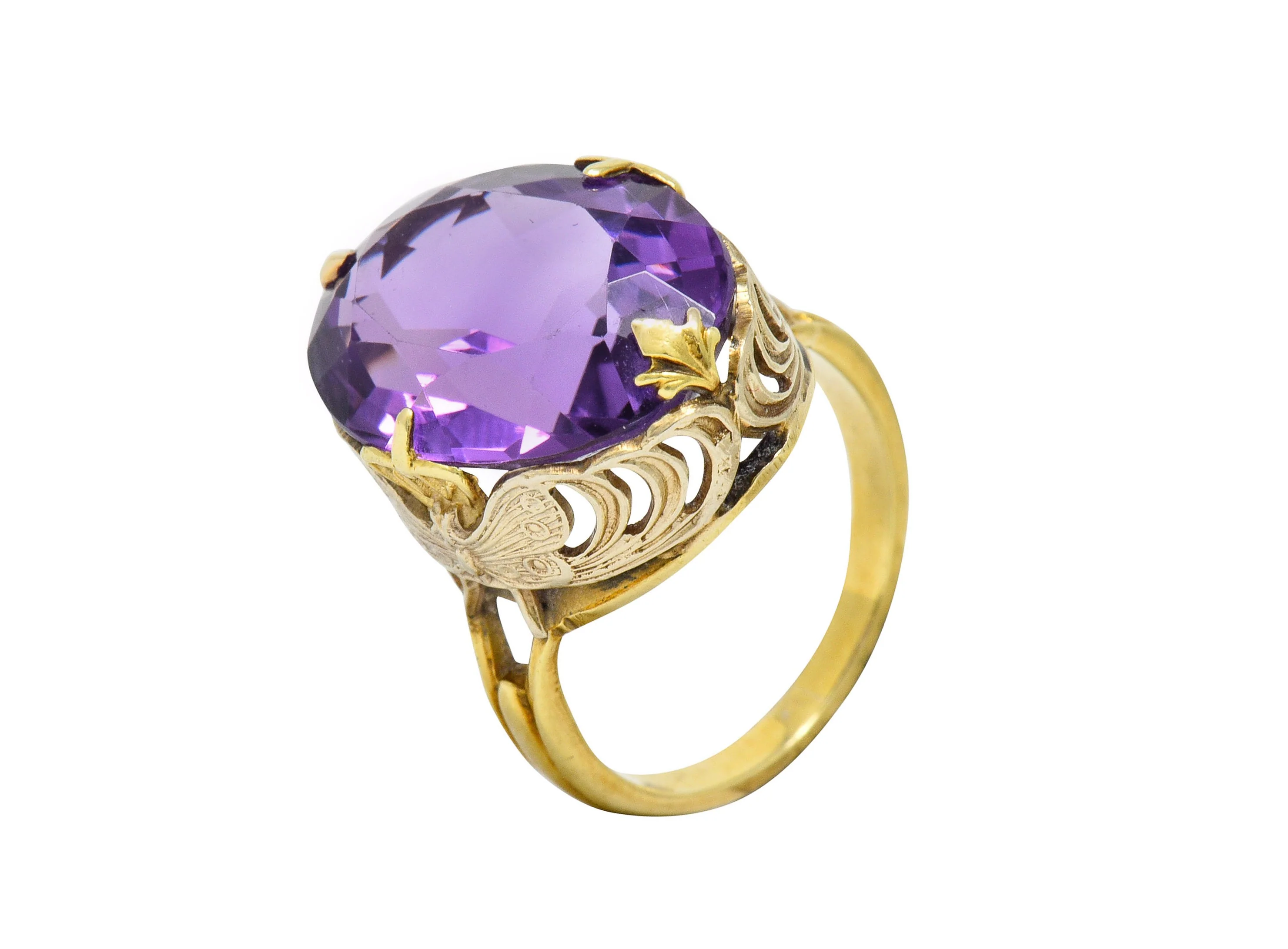 Art Nouveau Amethyst 14 Karat Two-Tone Gold Butterfly Statement Ring - Image 10
