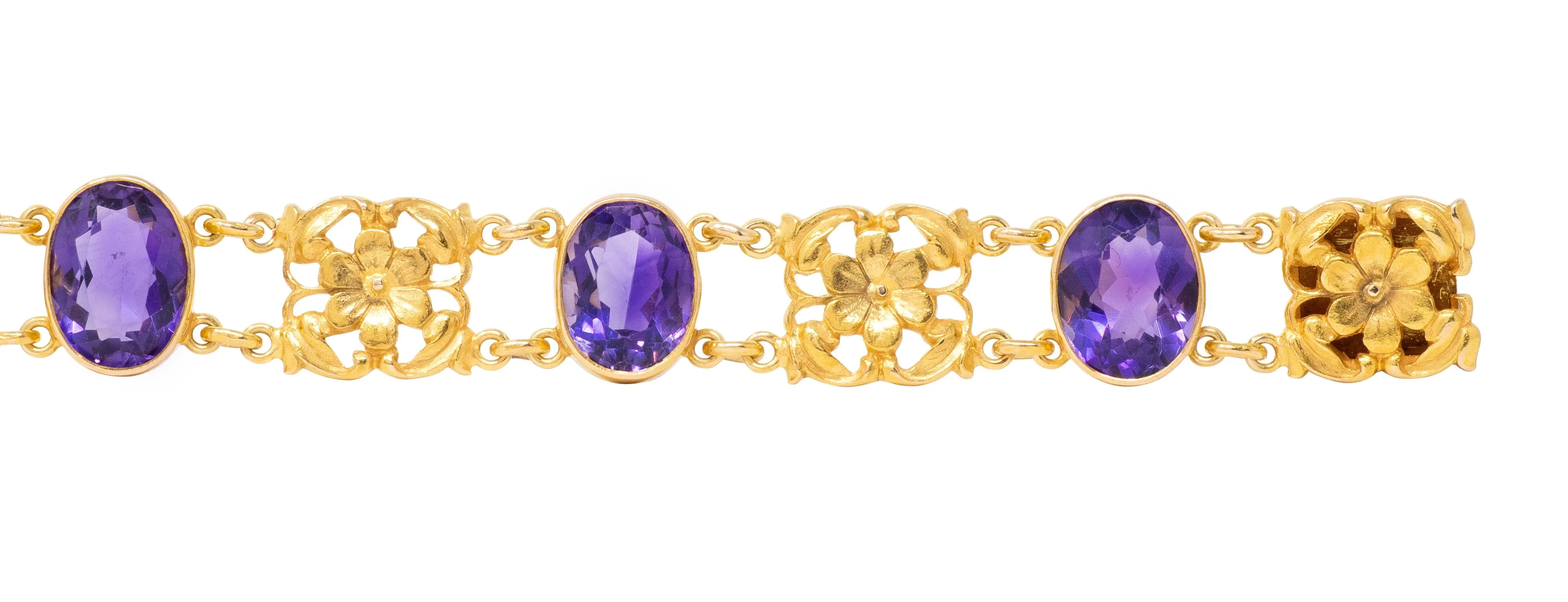 Art Nouveau Amethyst 14 Karat Yellow Gold Antique Floral Link Bracelet - Image 5